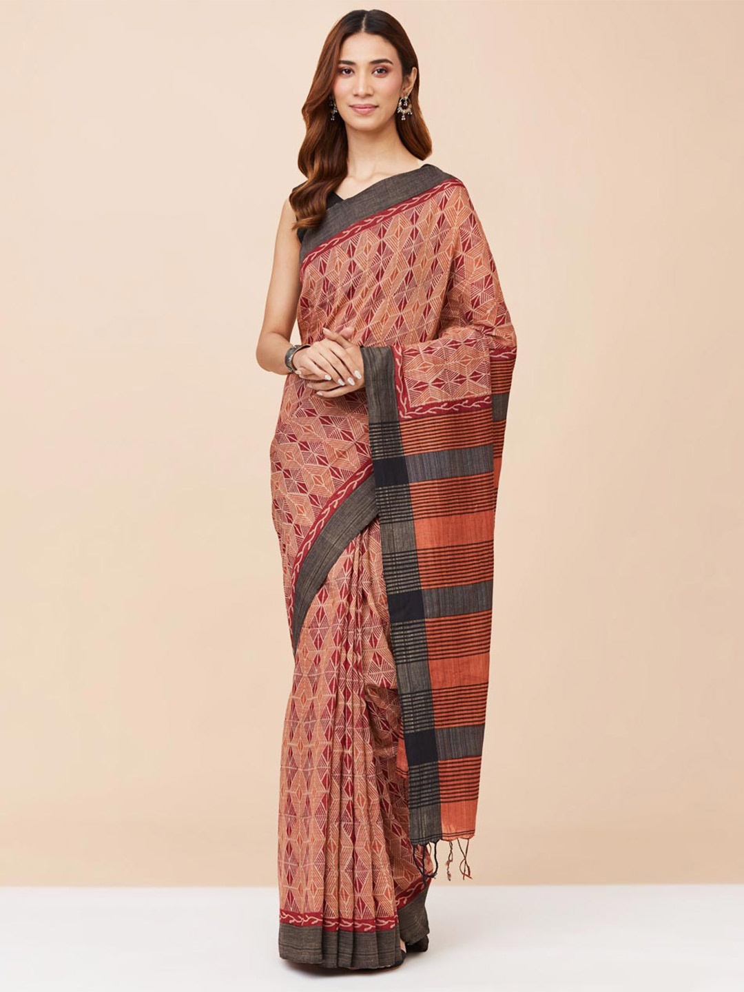 

Fabindia Geometric Printed Cotton Silk Saree, Rust