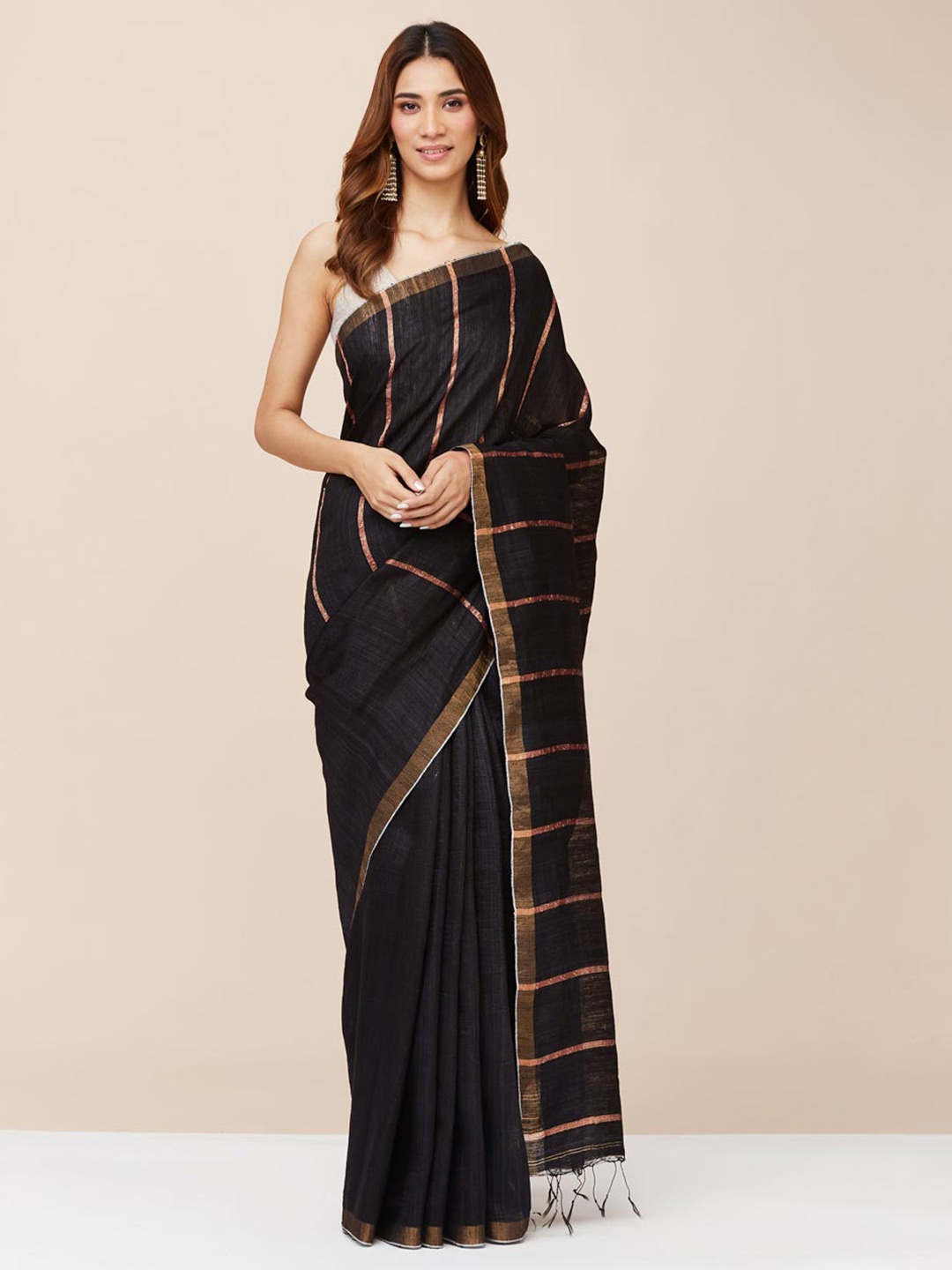 

Fabindia Striped Zari Pure Cotton Saree, Black