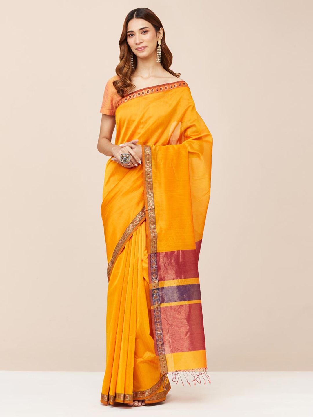 

Fabindia Zari Cotton Silk Saree, Mustard