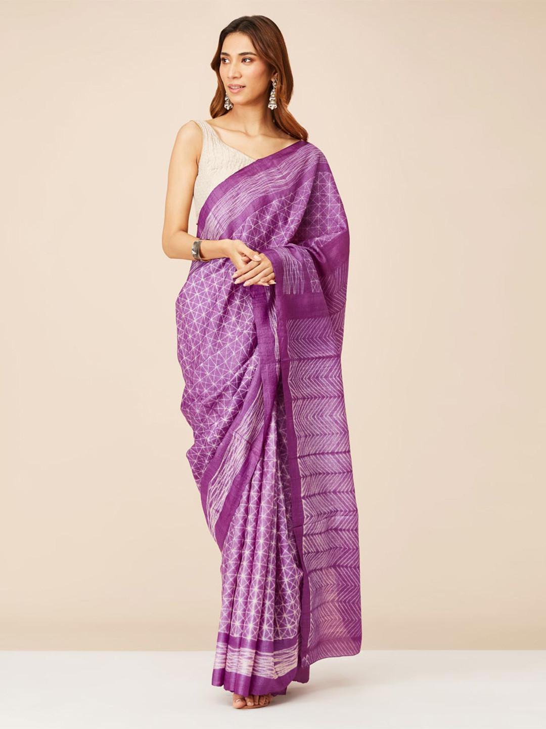 

Fabindia Geometric Printed Pure Cotton Saree, Purple