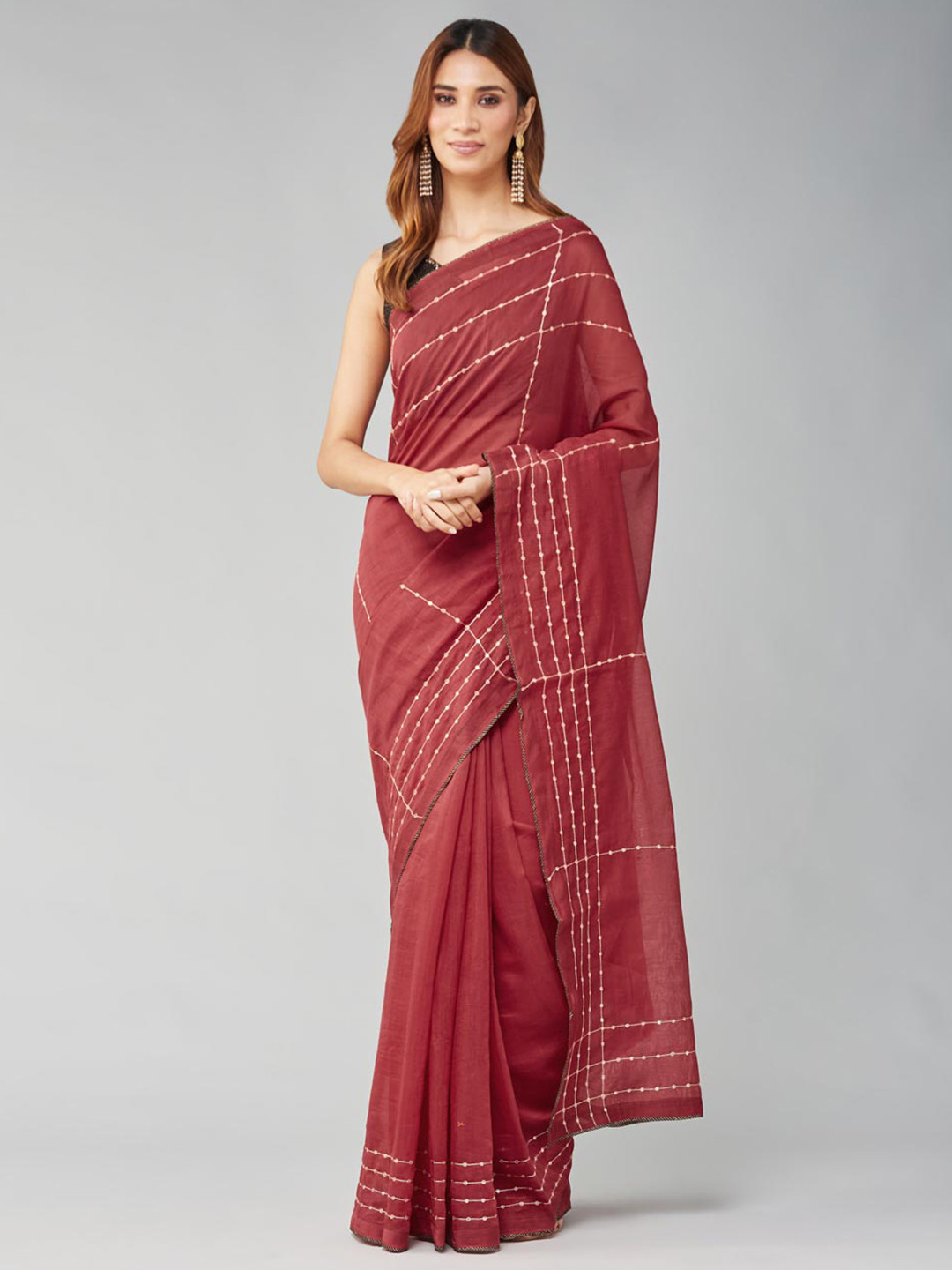 

Fabindia Striped Embroidered Saree, Rust