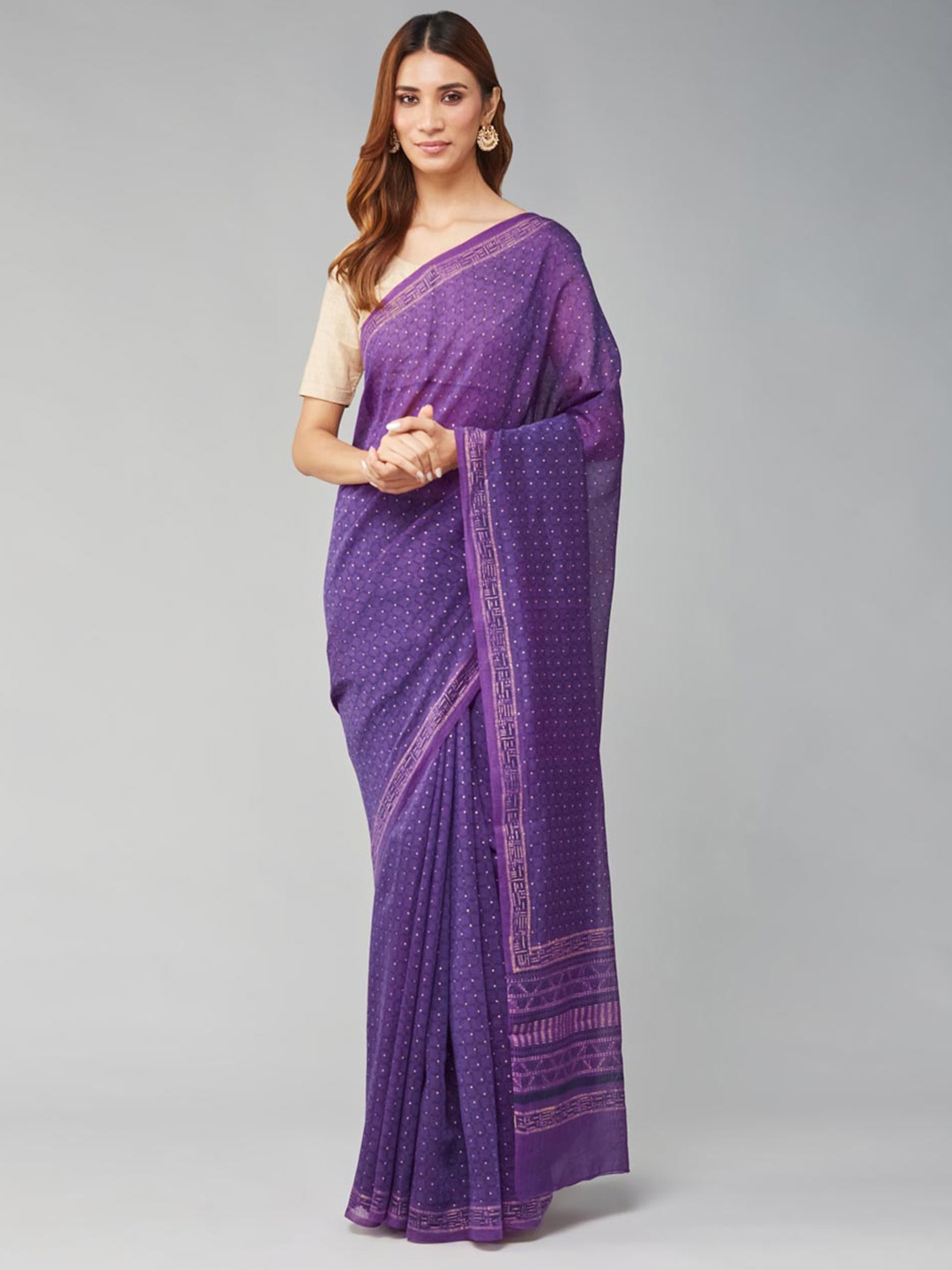 

Fabindia Polka Dot Printed Silk Cotton Saree, Purple