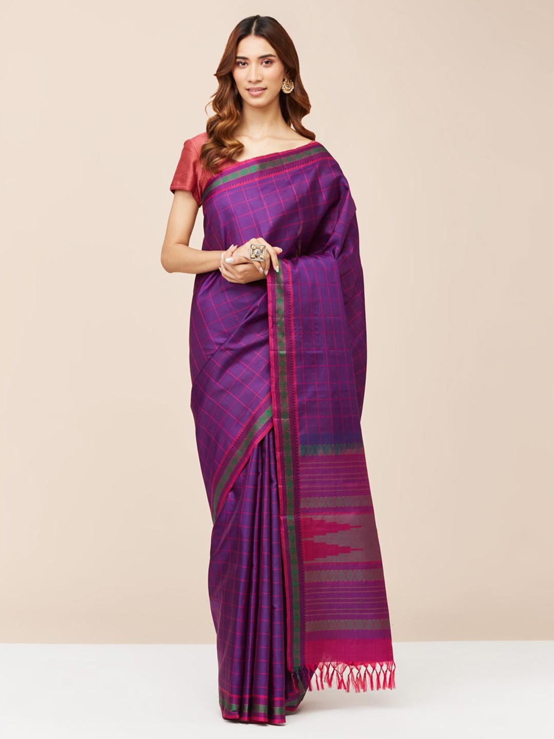 

Fabindia Checked Pure Cotton Saree, Purple