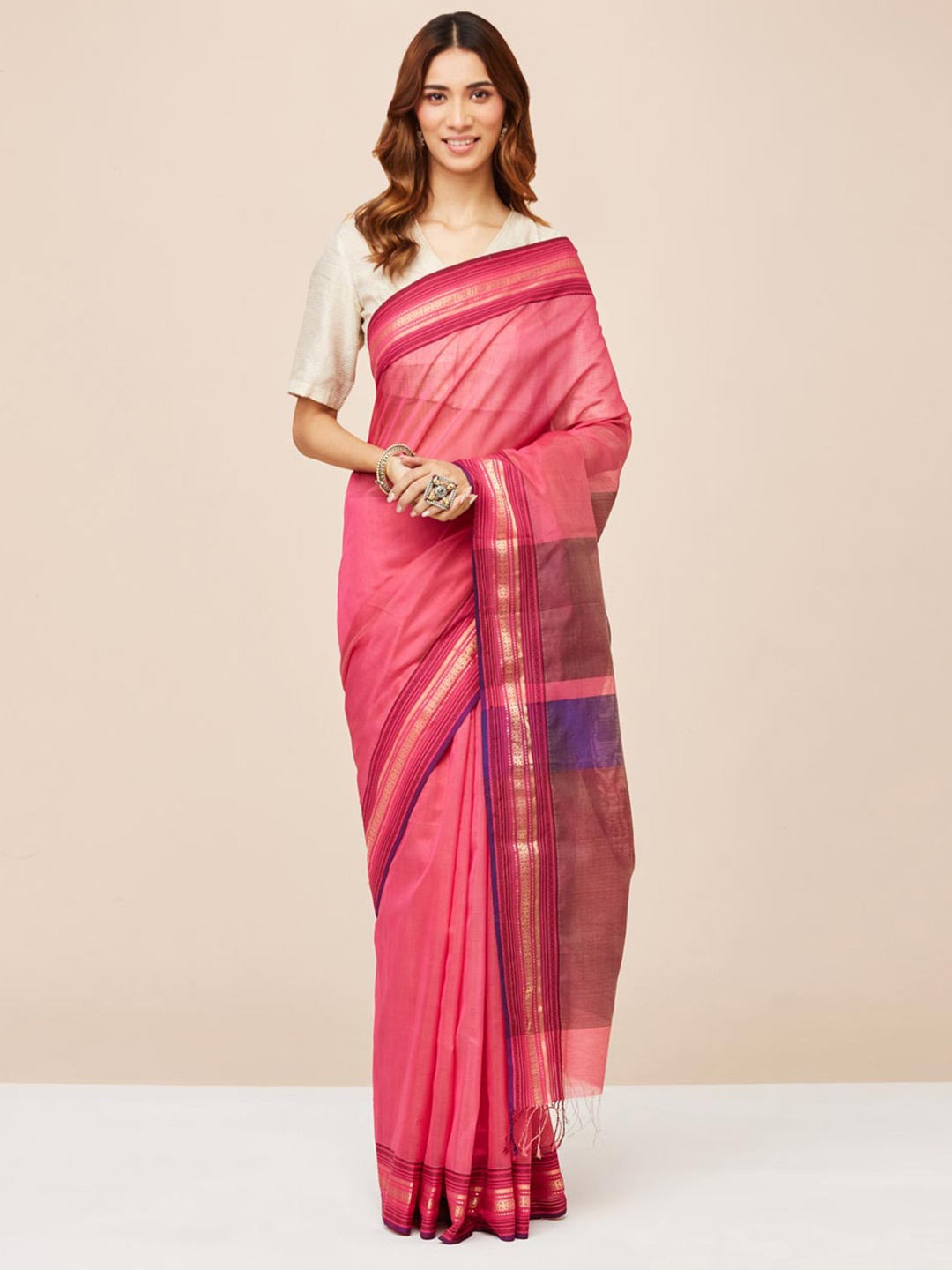 

Fabindia Silk Blend Zari Saree, Pink