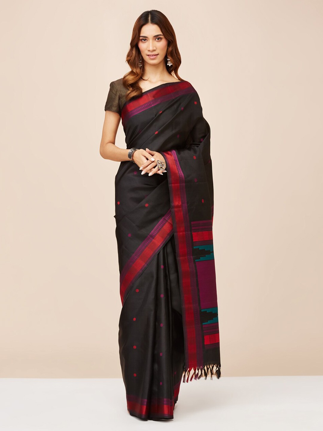 

Fabindia Ethnic Motifs Woven Design Pure Cotton Saree, Black