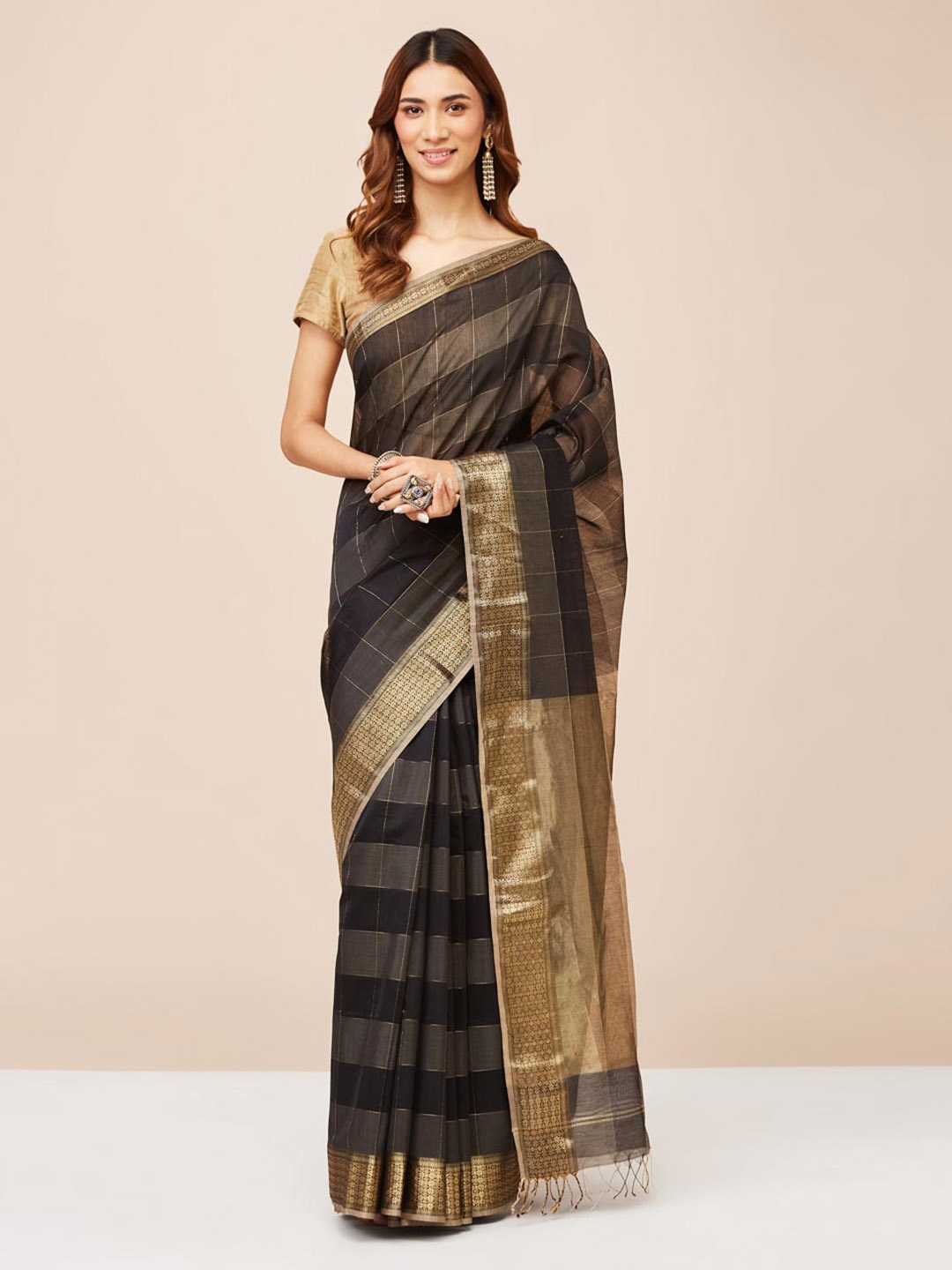 

Fabindia Checked Cotton Silk Zari Saree, Black