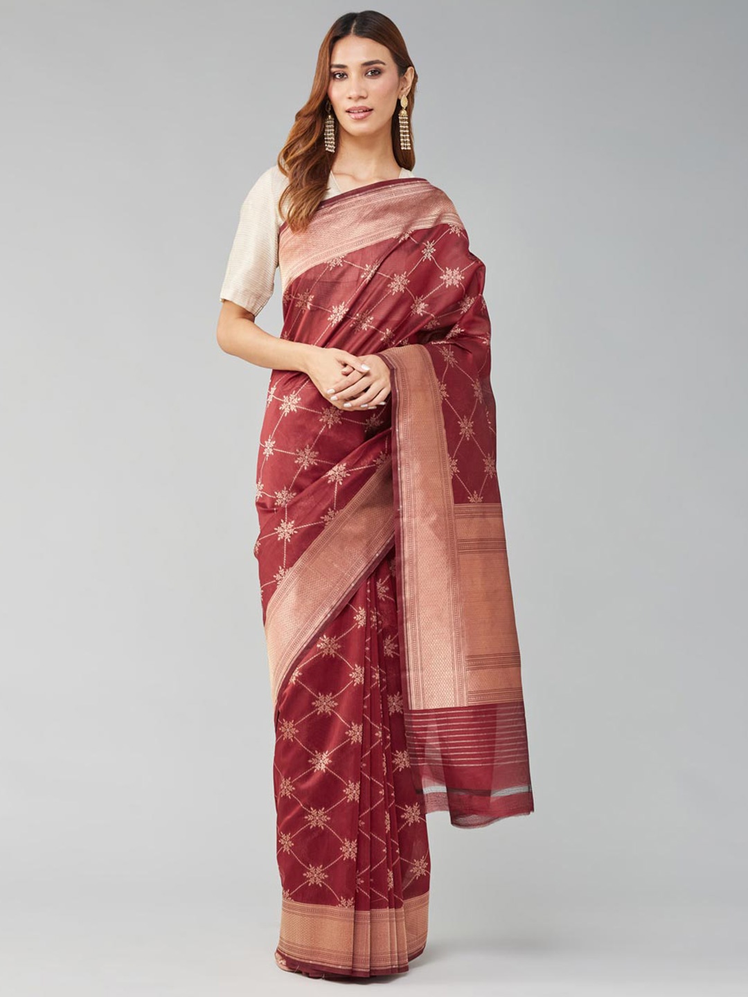 

Fabindia Ethnic Motifs Woven Design Zari Saree, Red