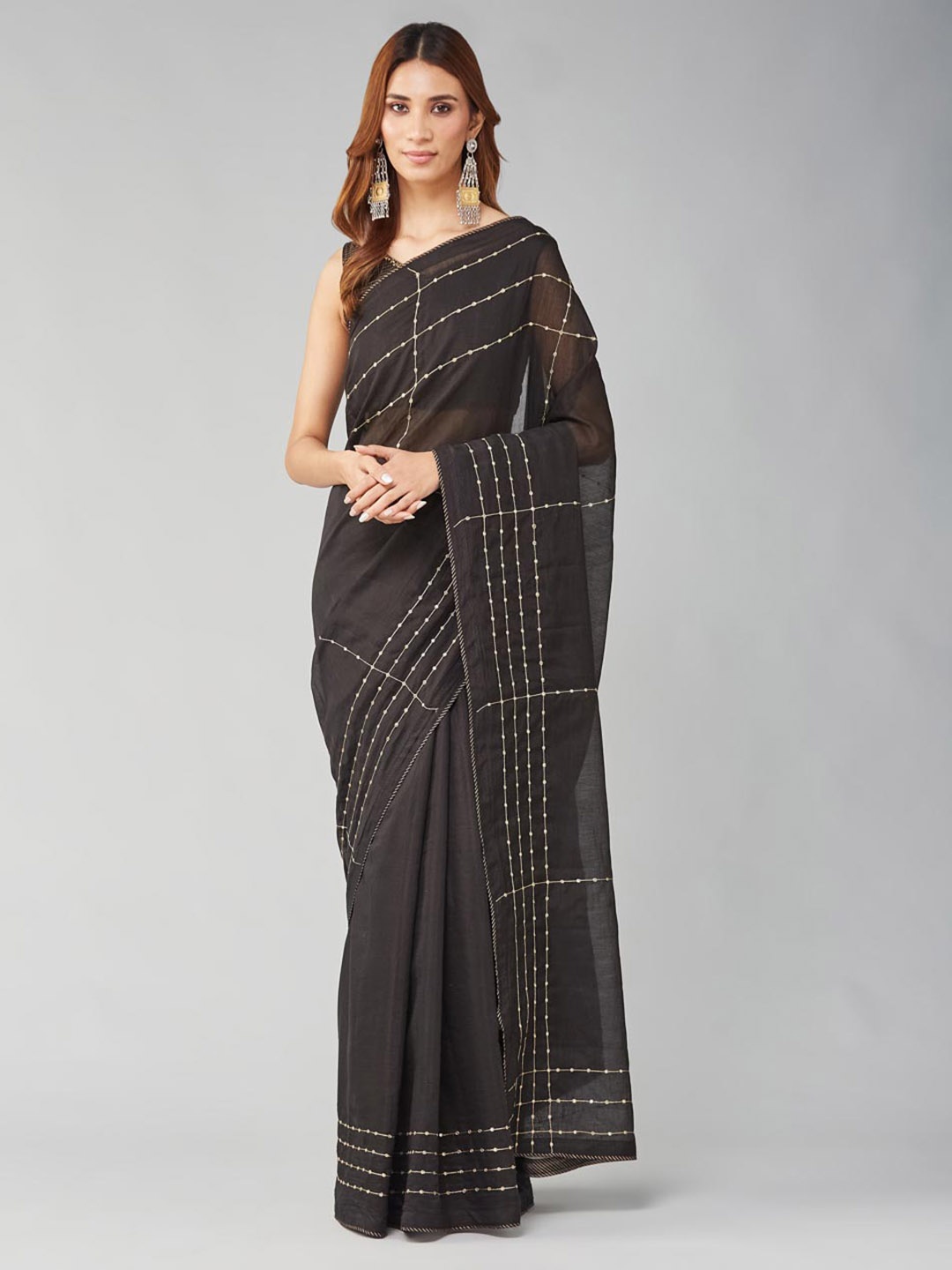 

Fabindia Striped Embroidered Saree, Black