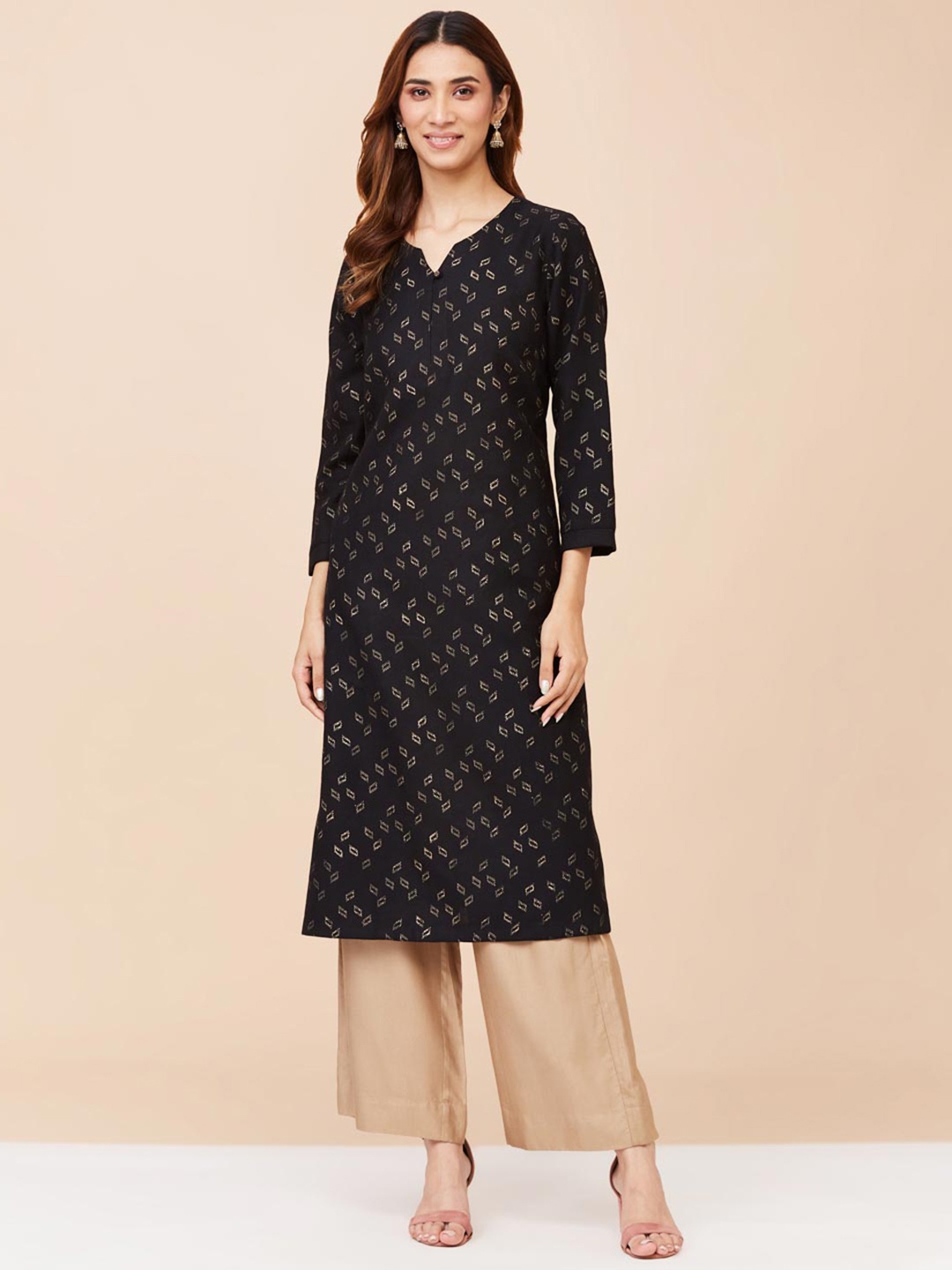 Fabindia Geometric Printed Straight Kurta, Black