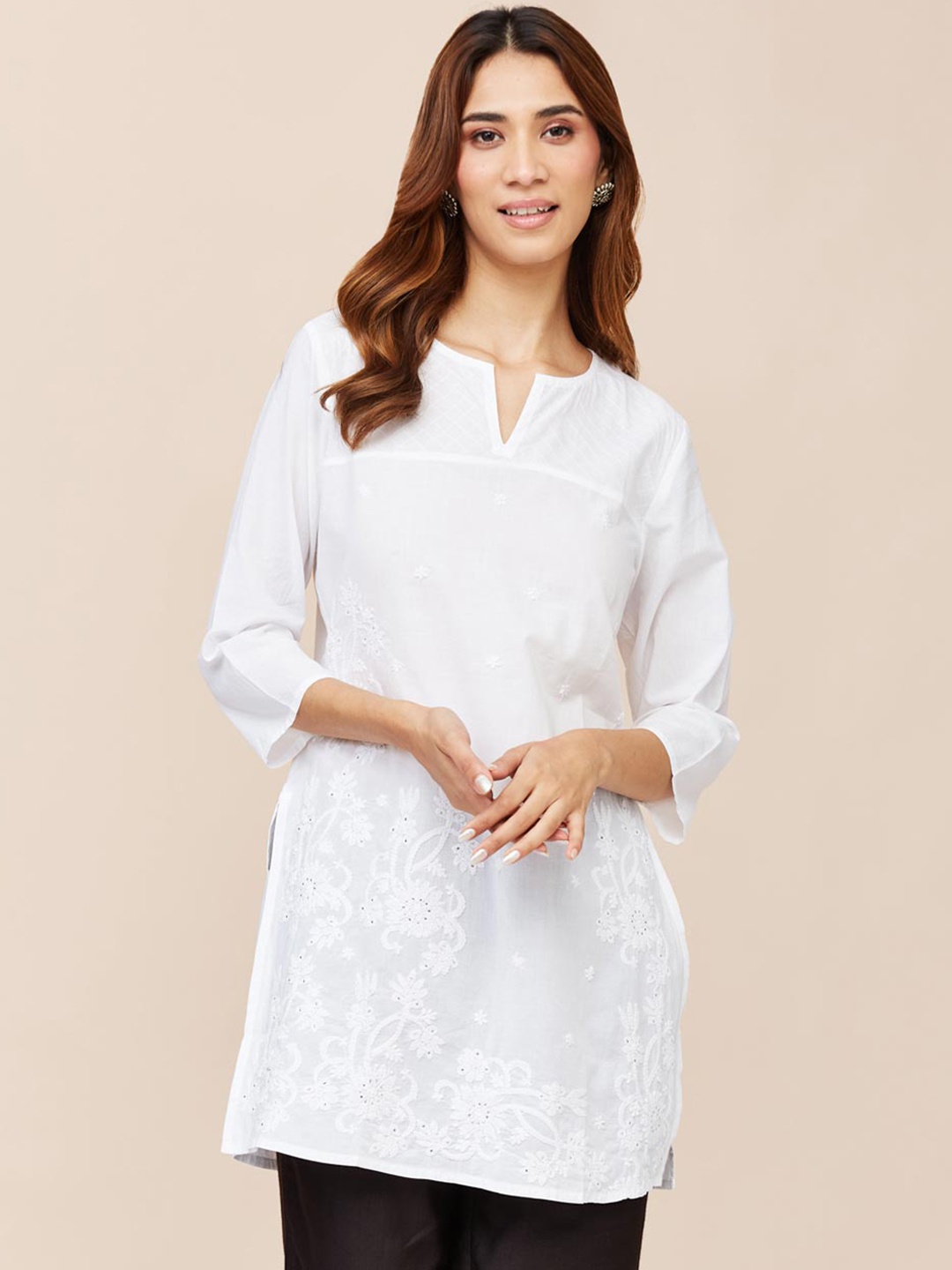 

Fabindia Floral Embroidered Chikankari Cotton A-Line Kurta, White