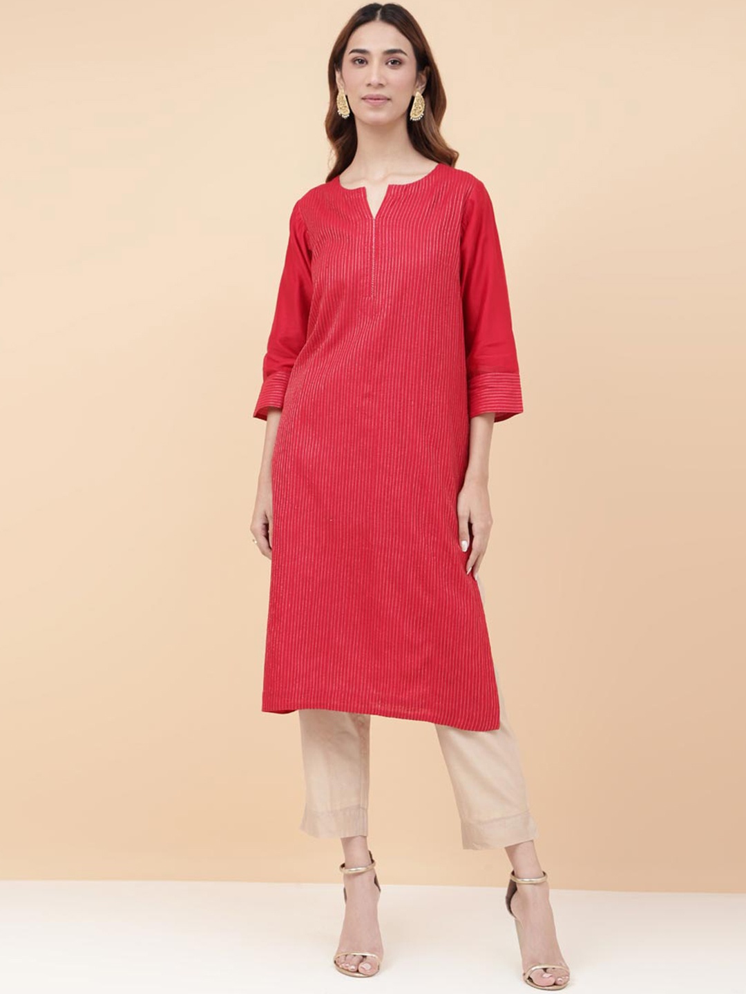 

Fabindia Striped Woven Design Thread Work Cotton Silk Kurta, Red