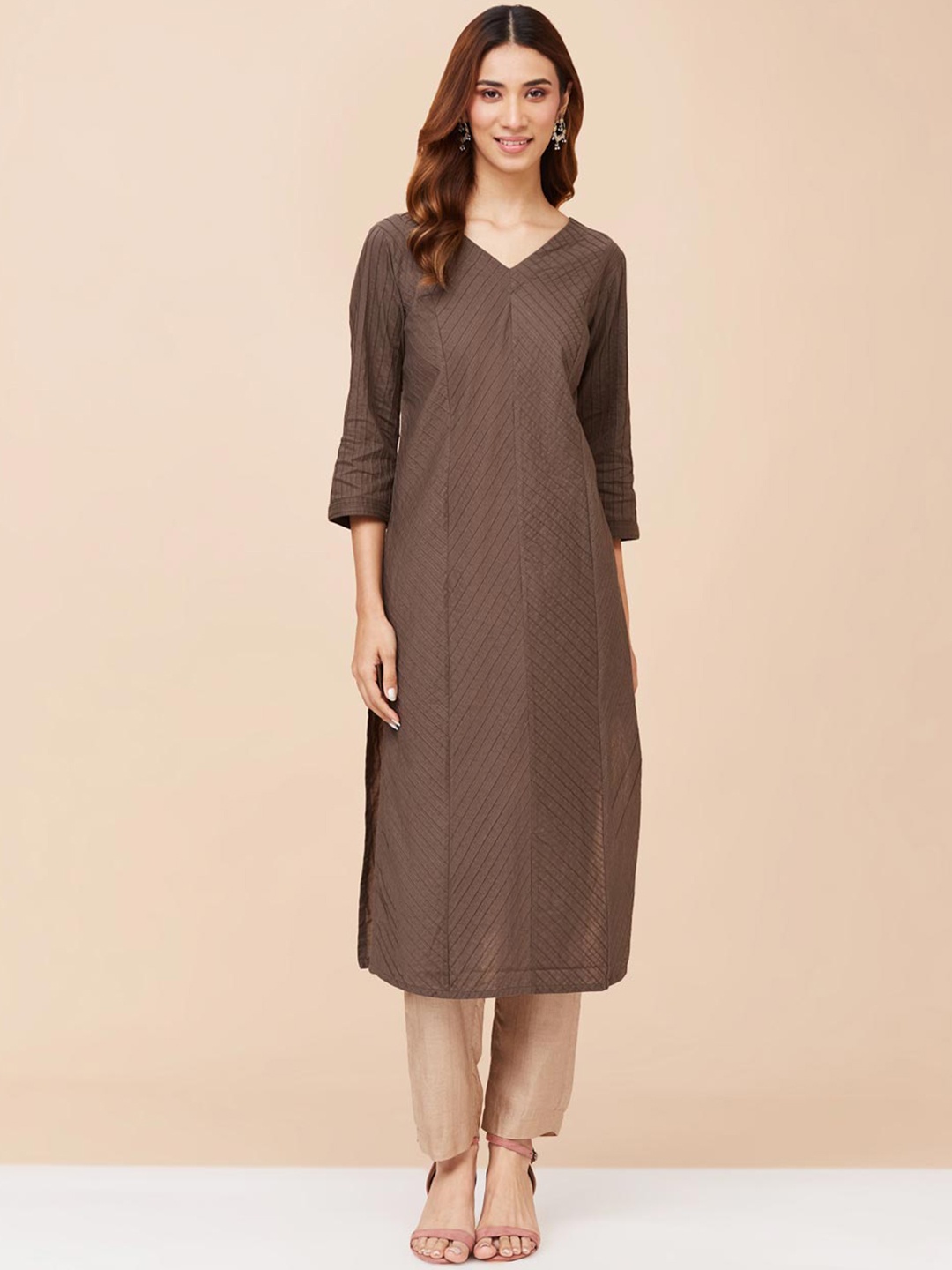 

Fabindia Striped Embroidered Cotton Straight Kurta, Brown