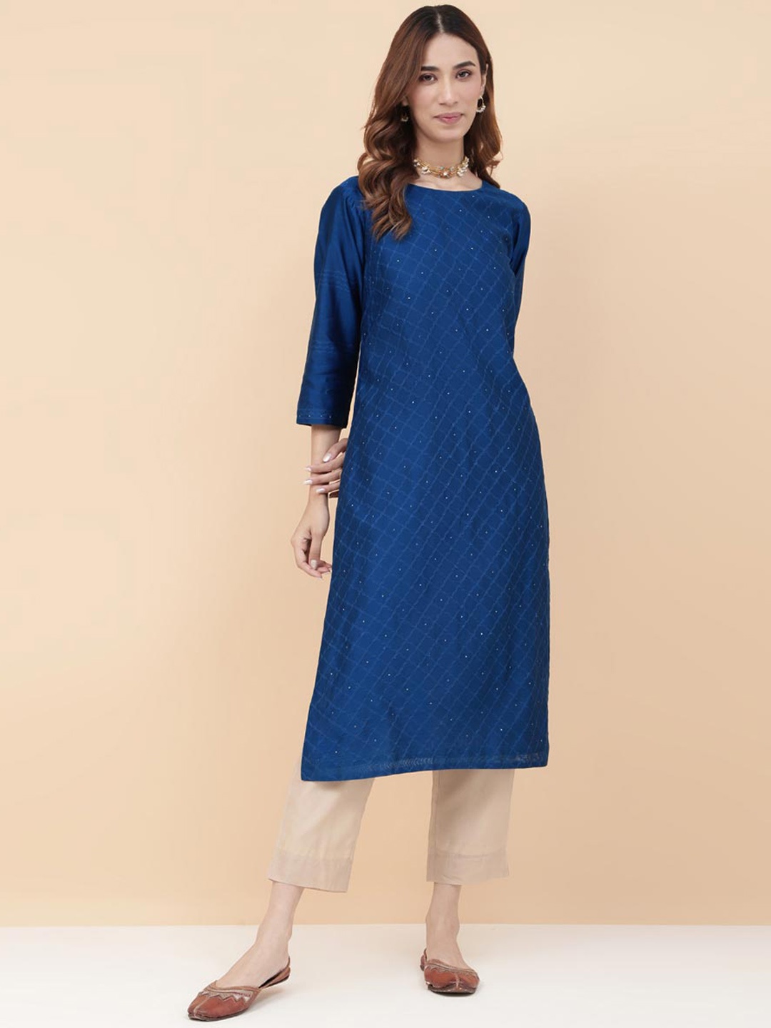 

Fabindia Geometric Printed Cotton Silk Straight Kurta, Blue