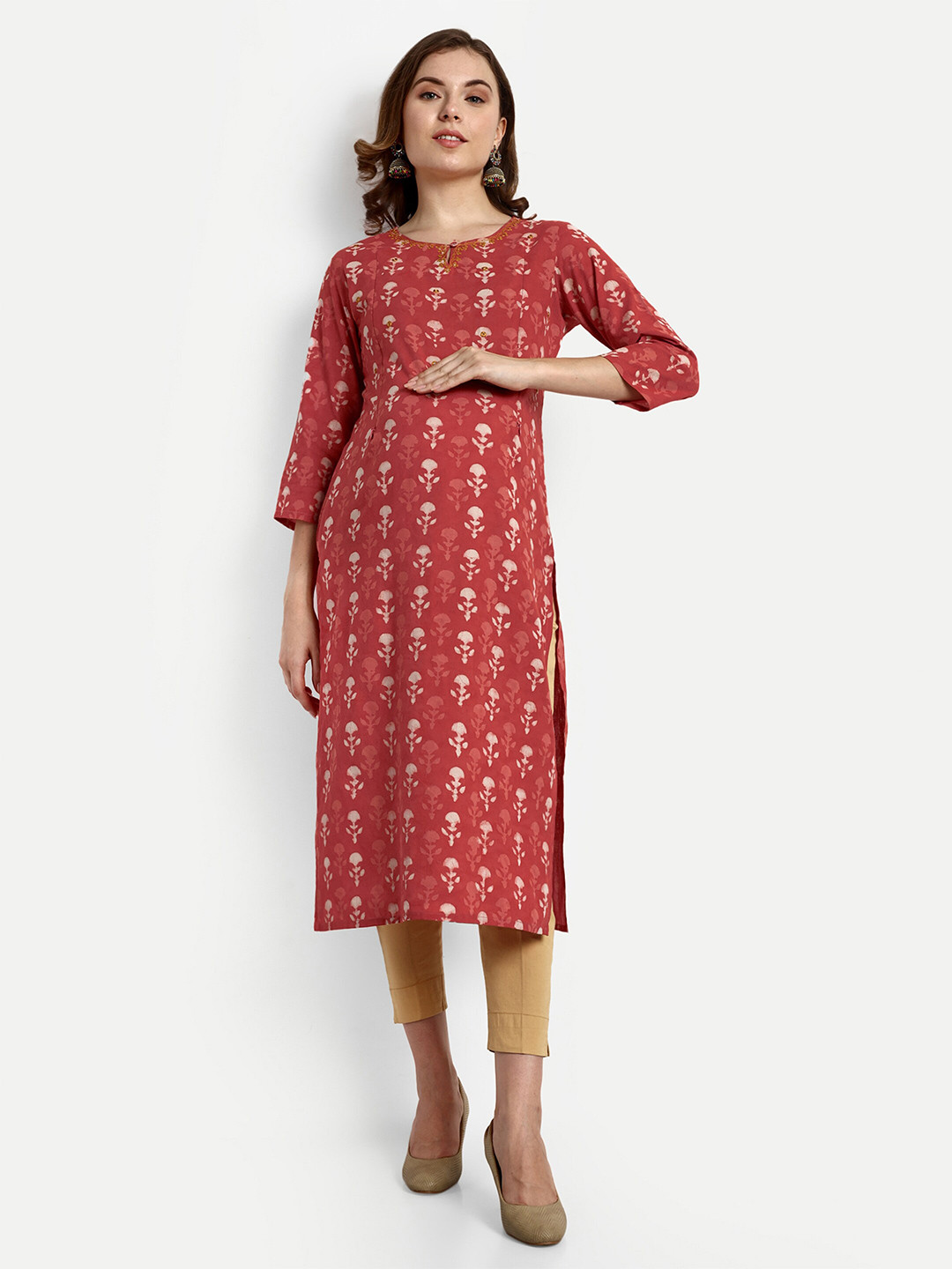 

mumzhug Floral Printed Thread Work Keyhole Neck Pure Cotton Maternity Kurta, Red