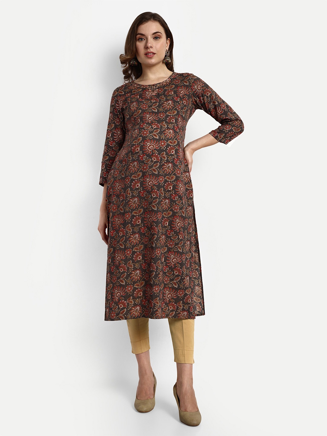 

mumzhug Floral Printed Keyhole Neck Pure Cotton Maternity Straight Kurta, Black