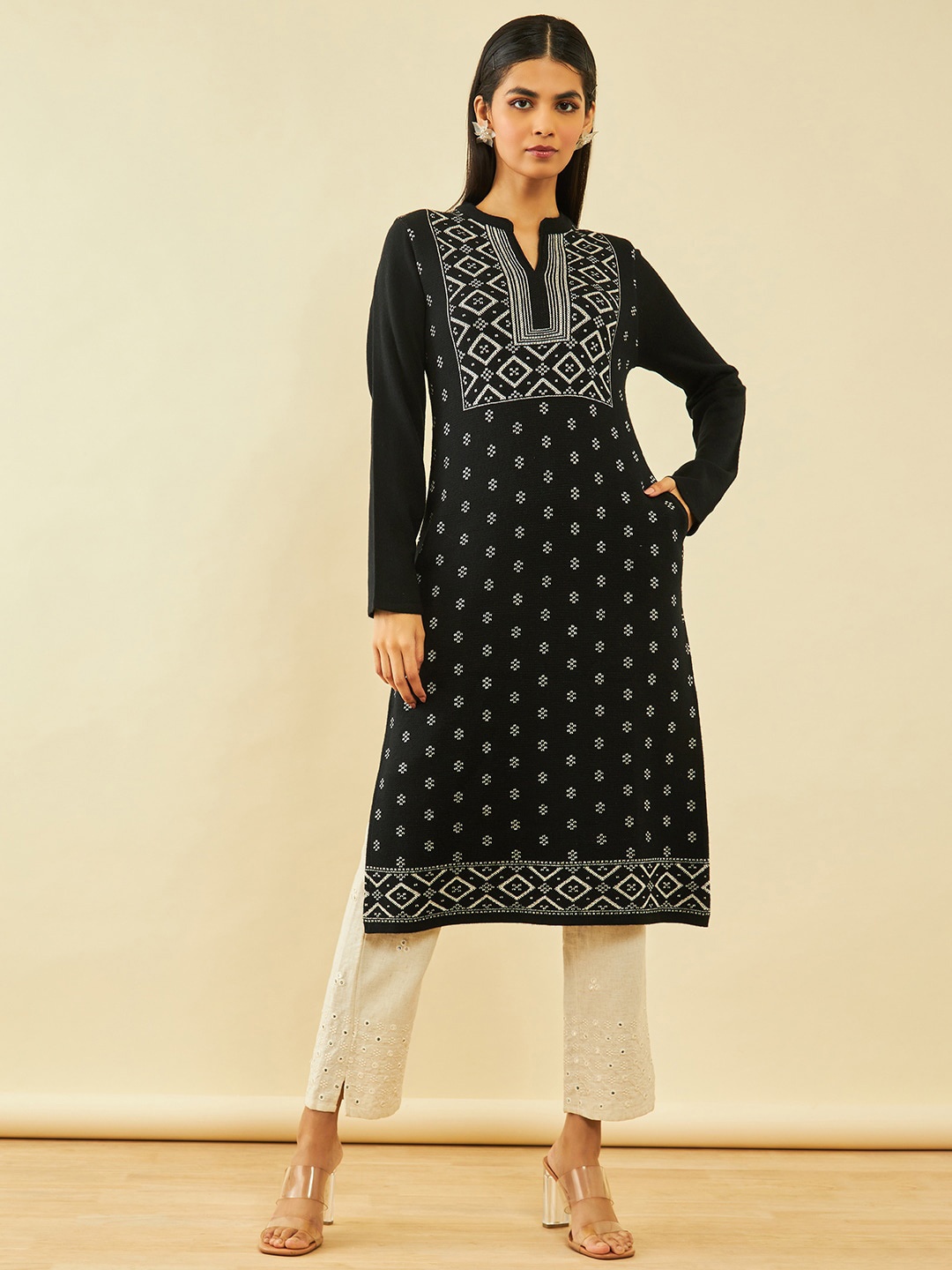 

Soch Black Ethnic Motifs Woven Design Mandarin Collar Acrylic Straight Kurta