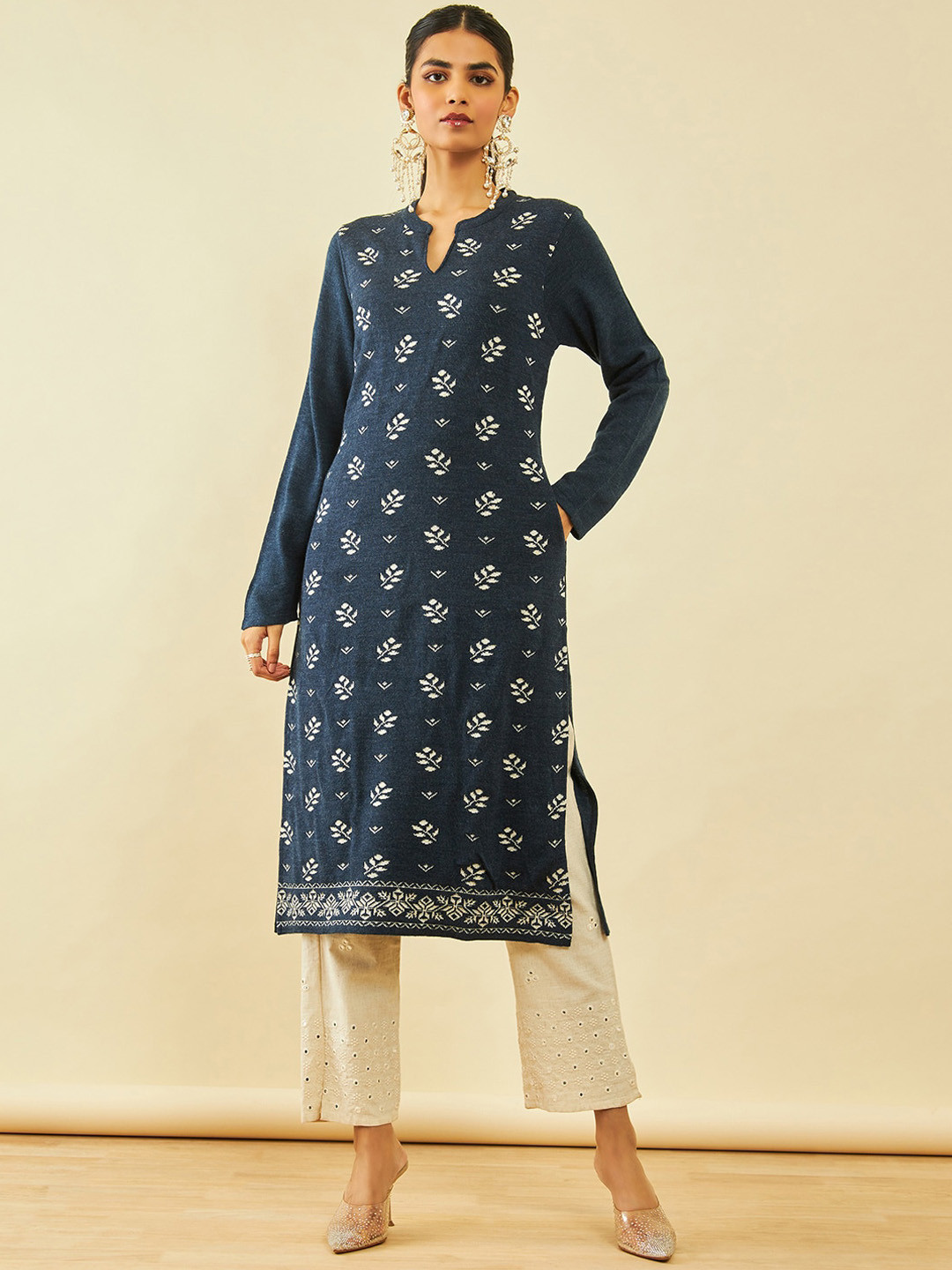 

Soch Blue Floral Self Design Band Collar Acrylic Winter Kurta