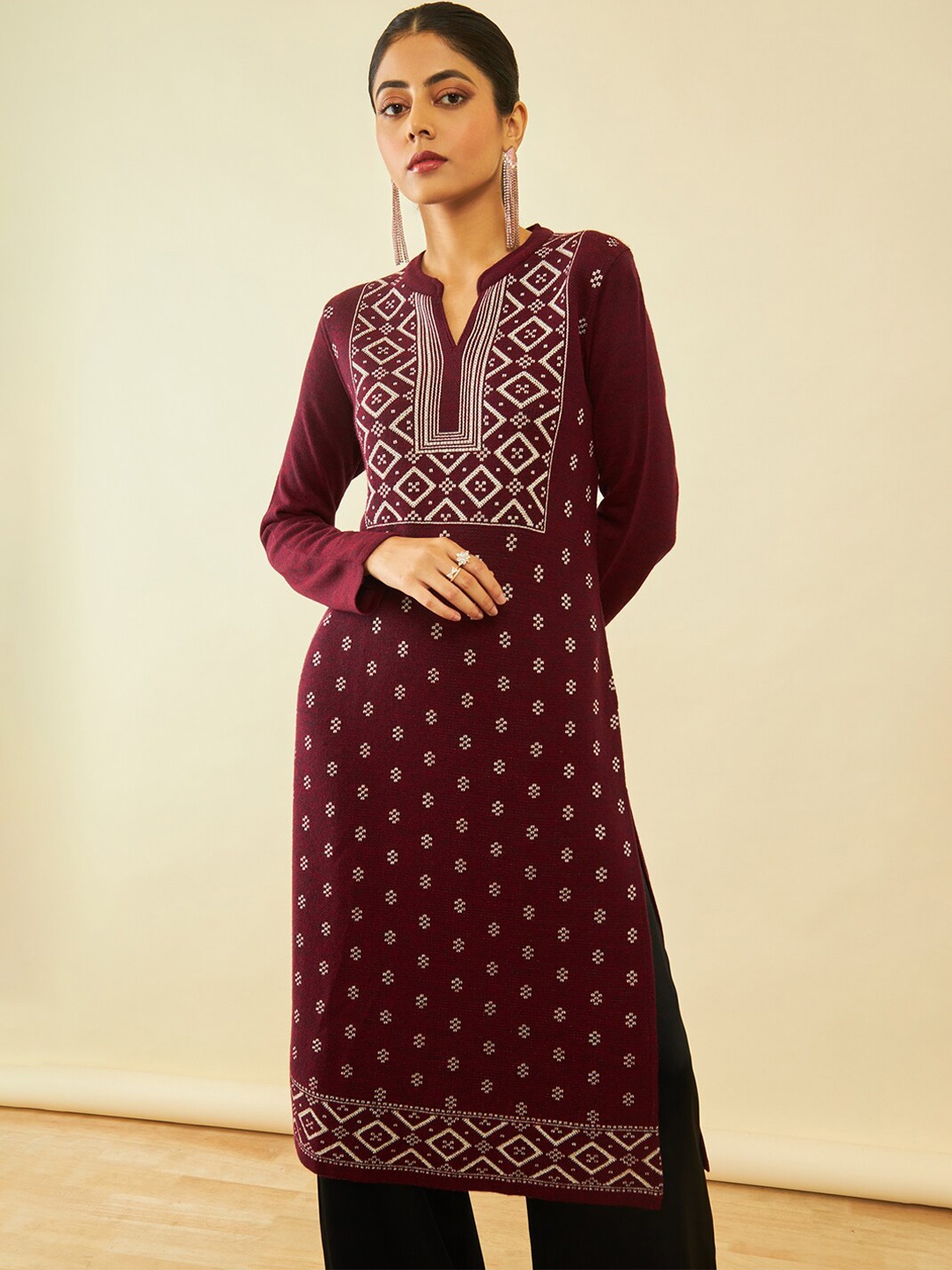 

Soch Maroon Geometric Self Design Band Collar Acrylic Winter Kurta
