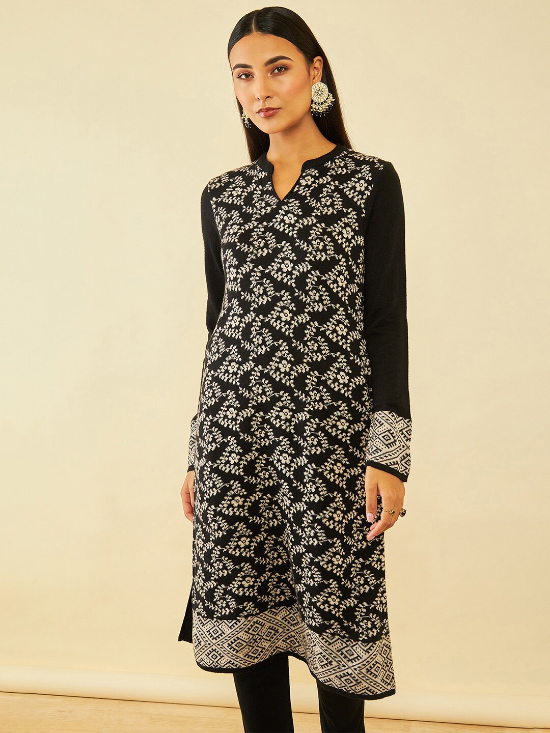 

Soch Black Floral Woven Design Mandarin Collar Acrylic Straight Kurta
