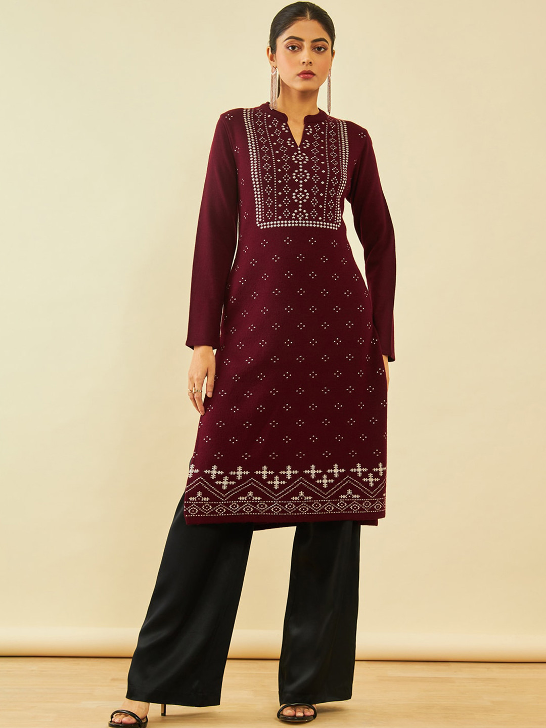 

Soch Maroon Geometric Woven Design Mandarin Collar Acrylic Straight Kurta
