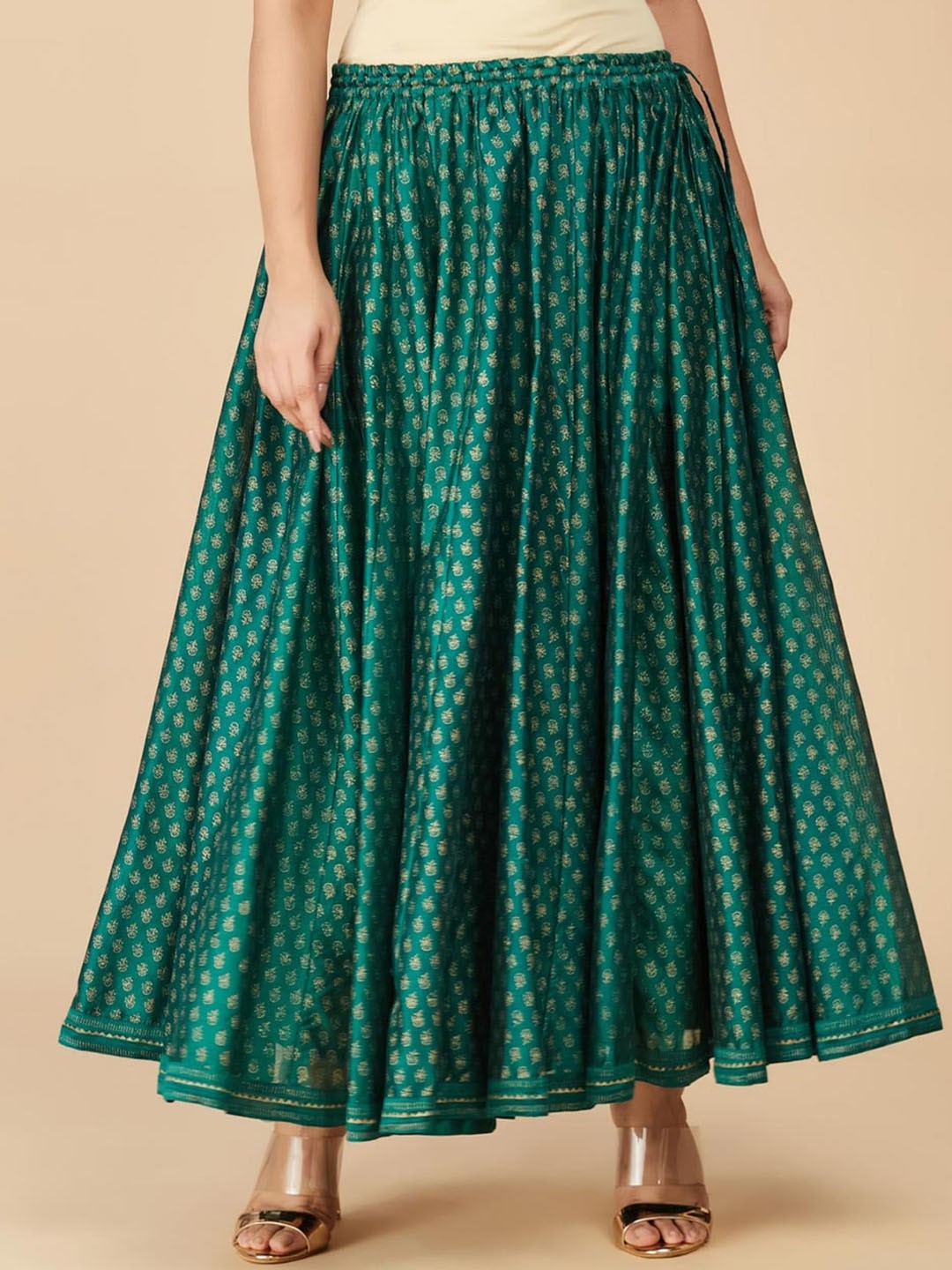 

Fabindia Block Printed Maxi Flared Skirt, Green