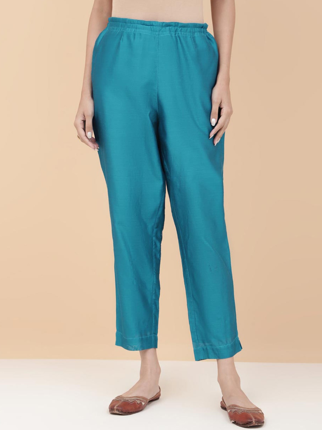 

Fabindia Women Mid Rise Cotton Trousers, Blue