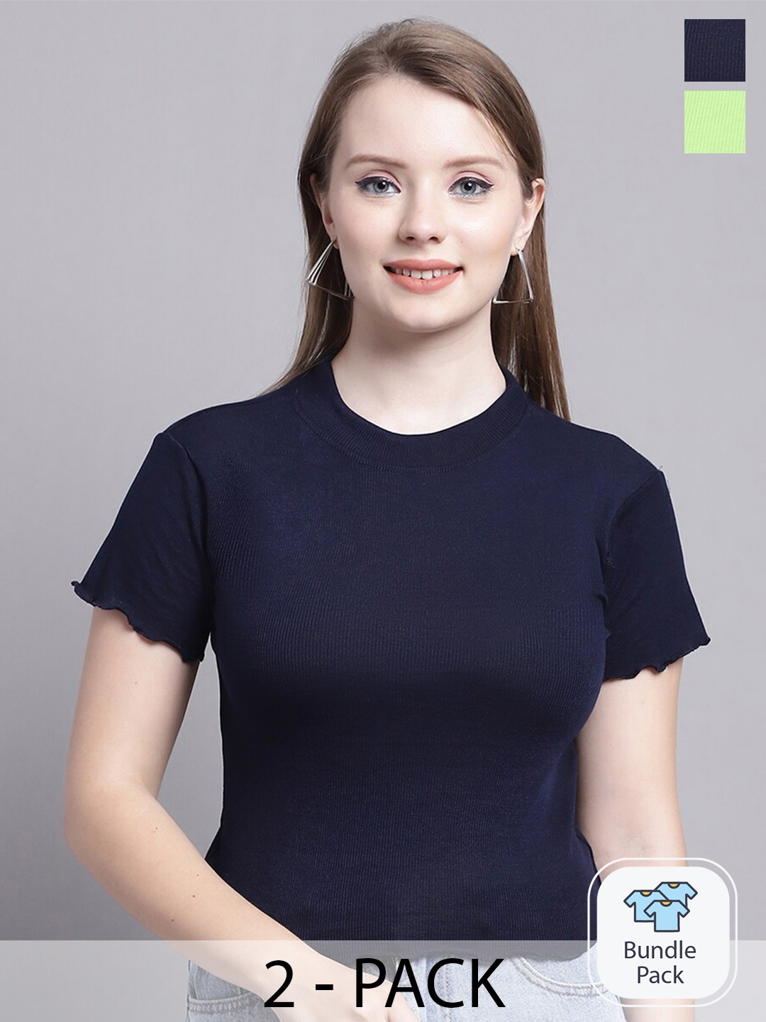

Jinfo Pack Of 2 Round Neck Organic Cotton Top, Navy blue