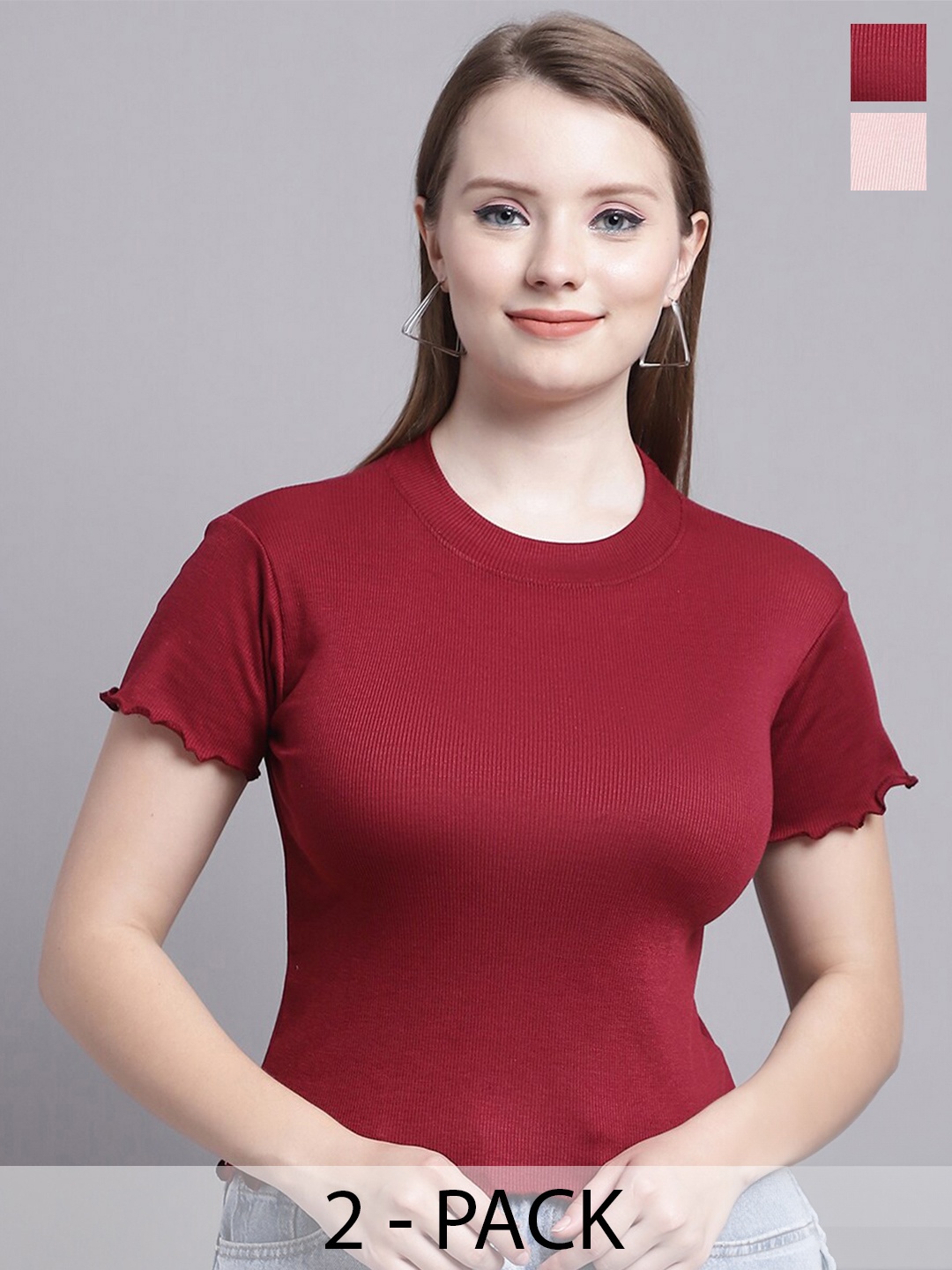 

Jinfo Pack of 2 Round Neck Knitted Fitted Tops, Maroon