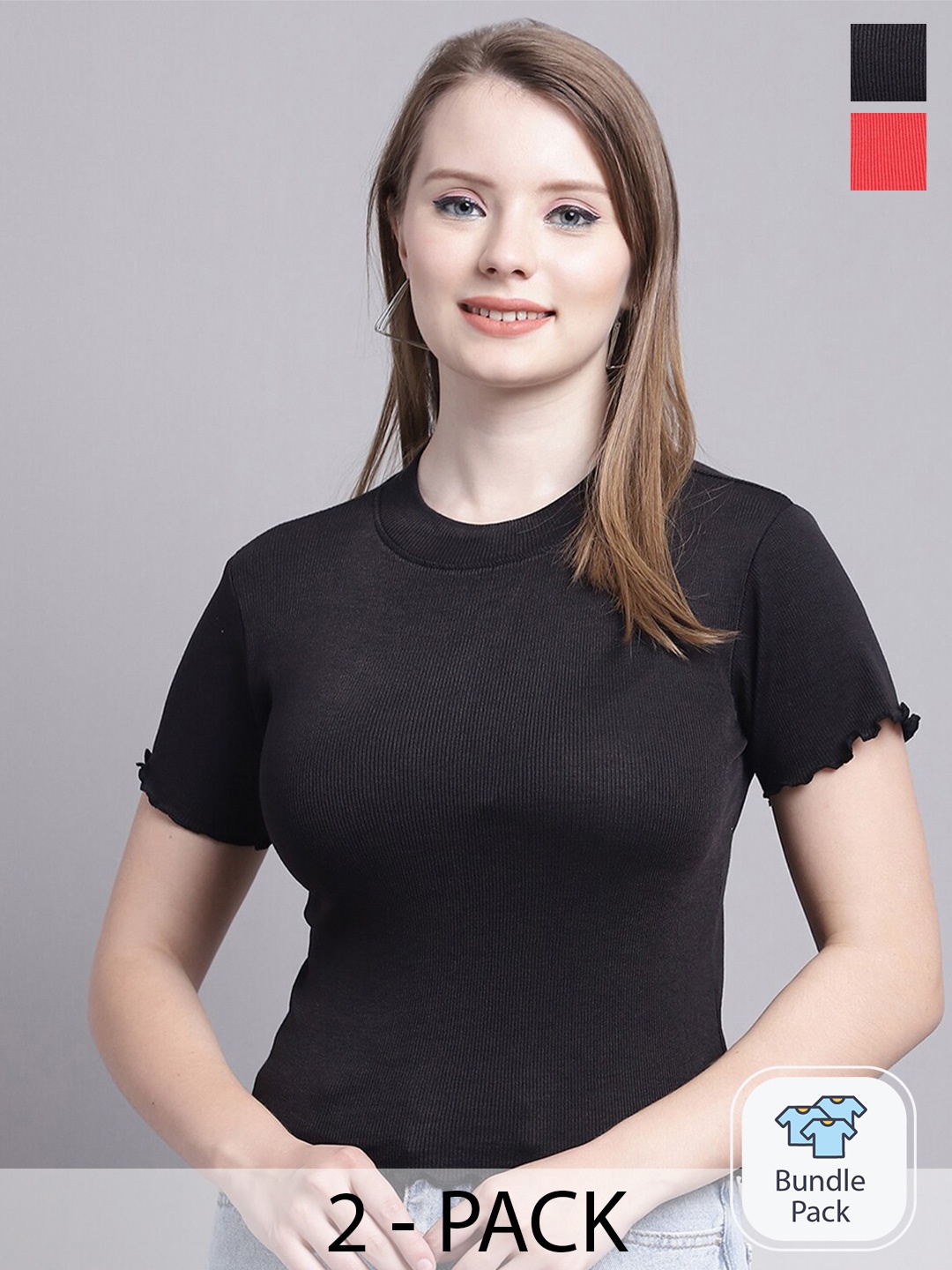 

Jinfo Pack Of 2 Round Neck Regular Top, Black