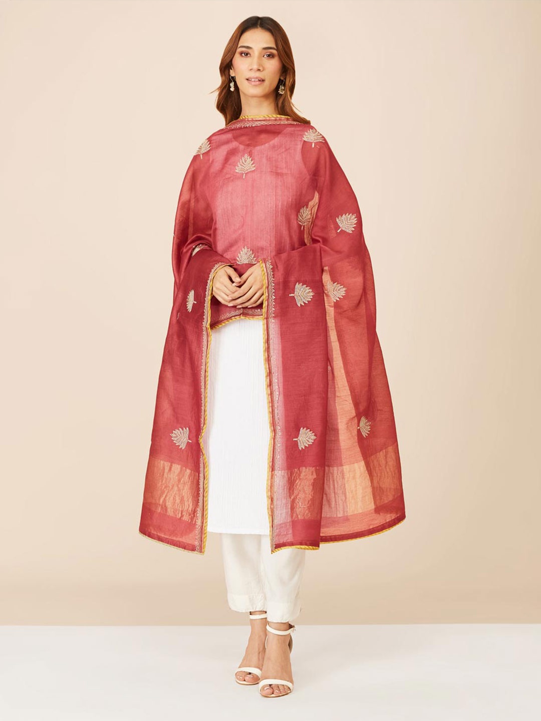

Fabindia Ethnic Motifs Embroidered Cotton Silk Dupatta, Pink