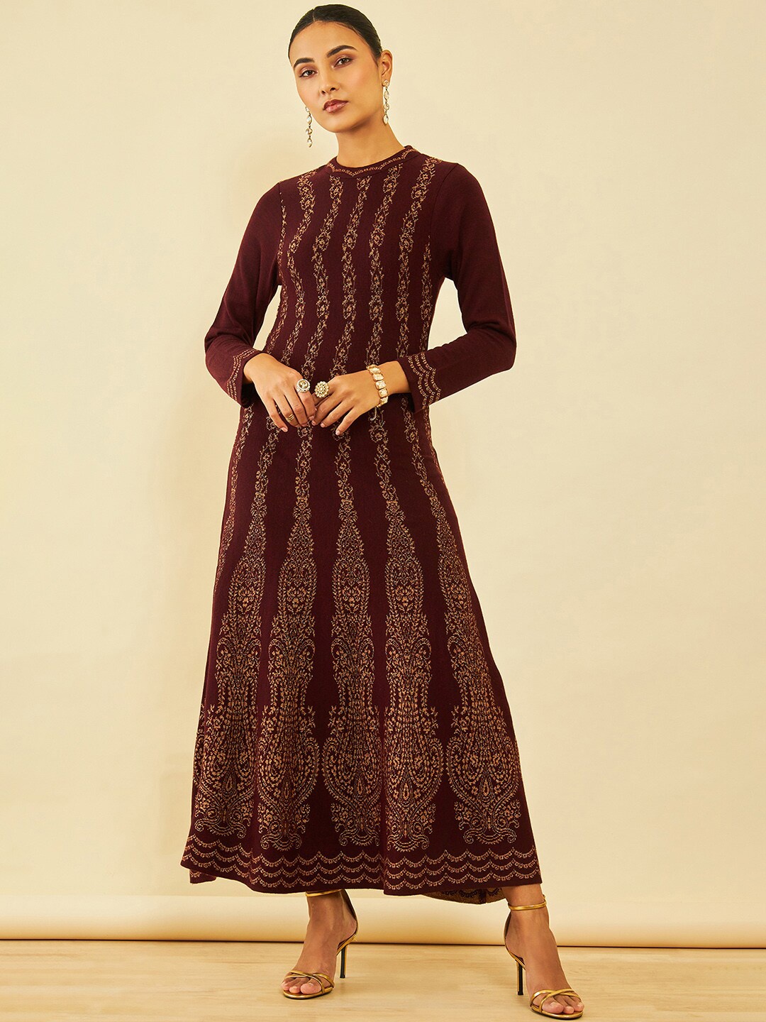 

Soch Maroon Ethnic Motifs Woven Design Long Sleeve Acrylic A-Line Maxi Ethnic Dress