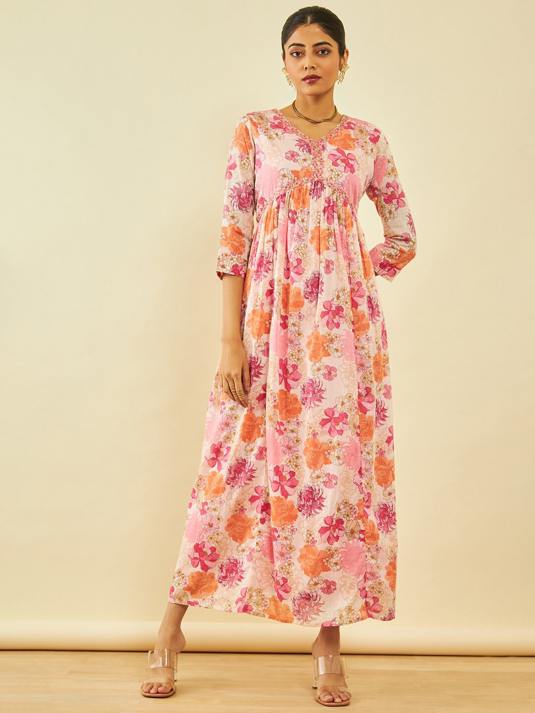 

Soch Floral Printed V-Neck Gathered Detailed Cotton Empire Midi Ethnic Dress, Pink