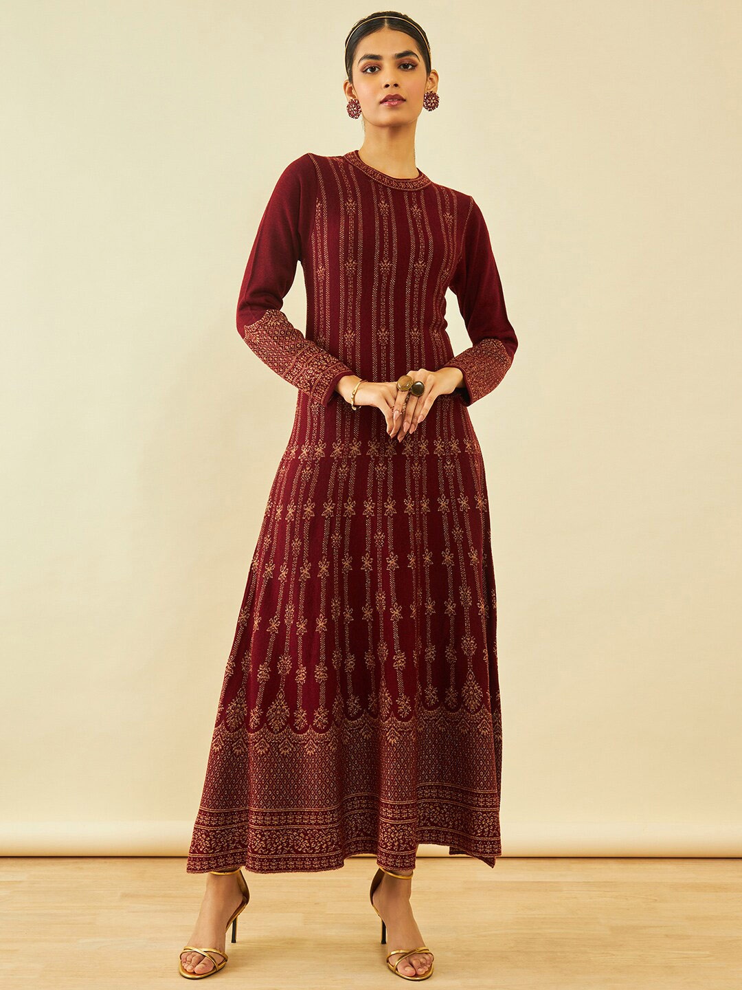 

Soch Maroon Ethnic Motifs Self Design Acrylic Maxi Ethnic Dress