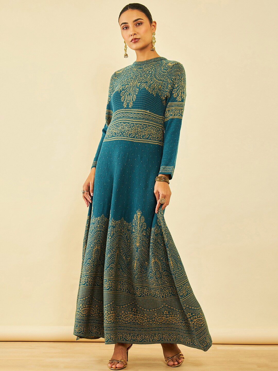 

Soch Teal Blue Ethnic Motifs Self Design Acrylic Maxi Ethnic Dress