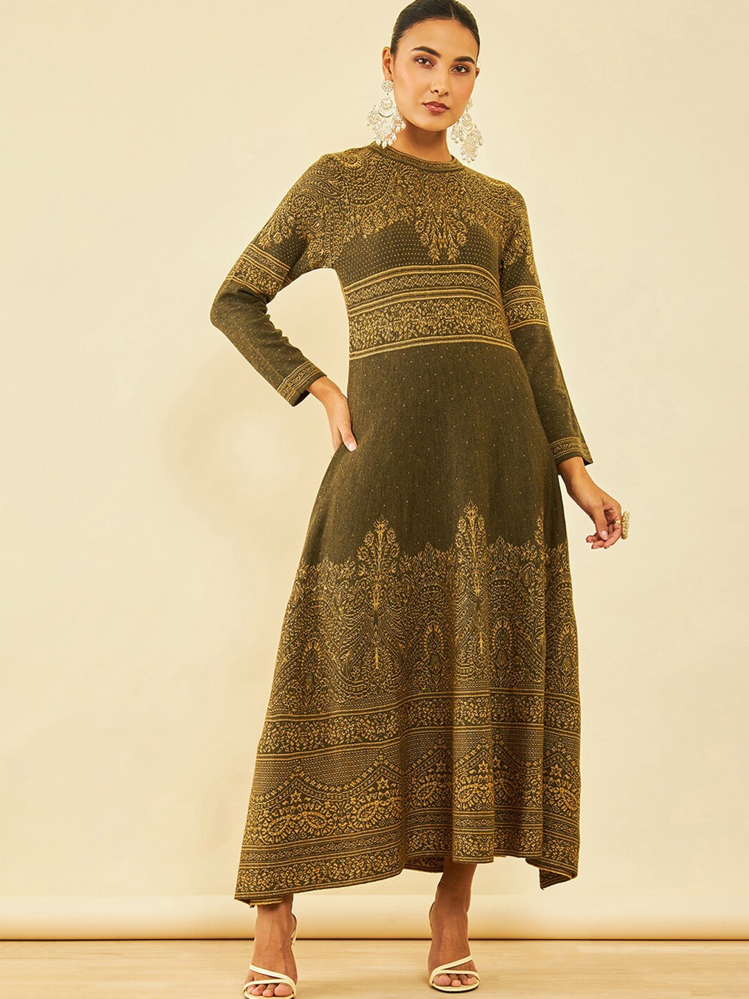 

Soch Olive Green Ethnic Motifs Woven Design Long Sleeve Acrylic A-Line Maxi Ethnic Dress