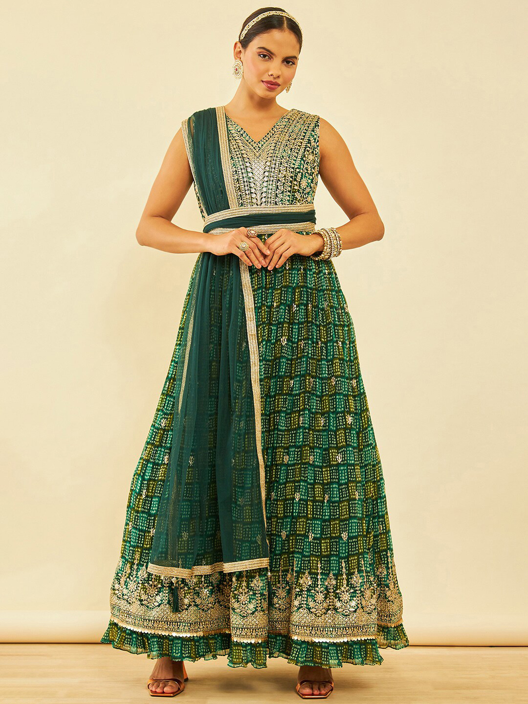 

Soch Green Bandhani Printed Thread Work Georgette Anarkali Kurta & Churidar With dupatta