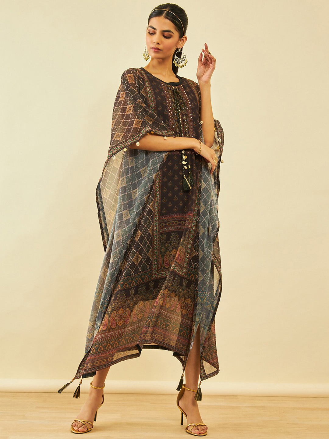 

Soch Black Ethnic Motifs Print Sequinned Georgette Kaftan Maxi Ethnic Dress & Inner Slip