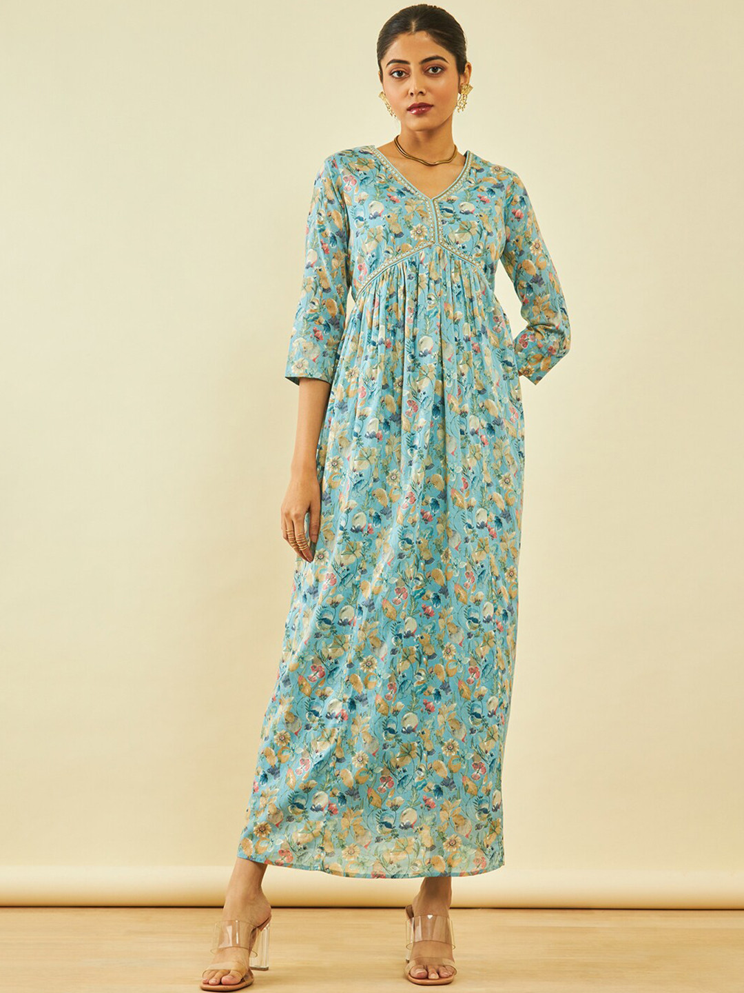 

Soch Blue Floral Printed V-Neck Gathered Detailed Cotton Empire Midi Ethnic Dress