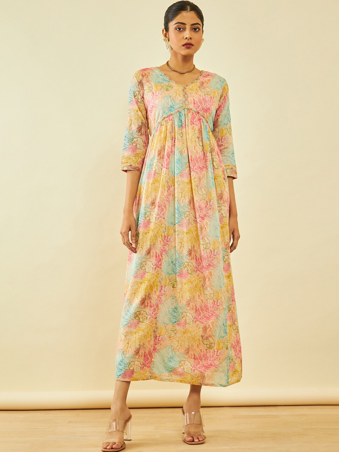 

Soch Beige Floral Printed V-Neck Gathered Detailed Cotton Empire Midi Ethnic Dress