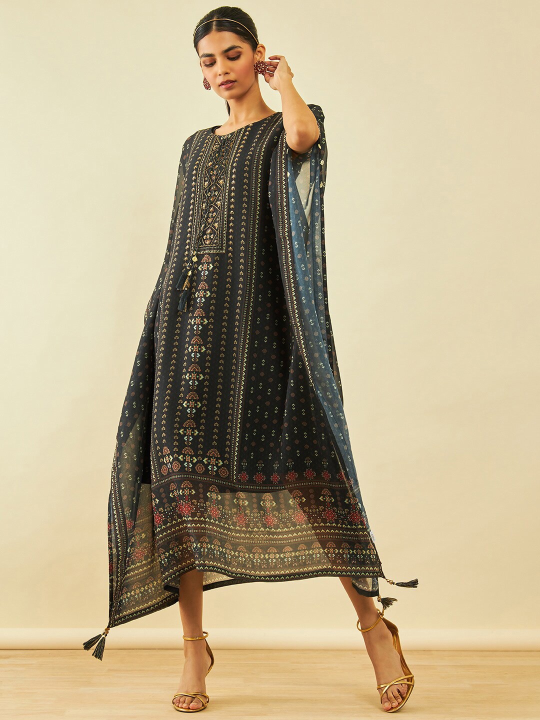 

Soch Charcoal Ethnic Printed Sequinned Georgette Kaftan Maxi Ethnic Dress & Inner Slip
