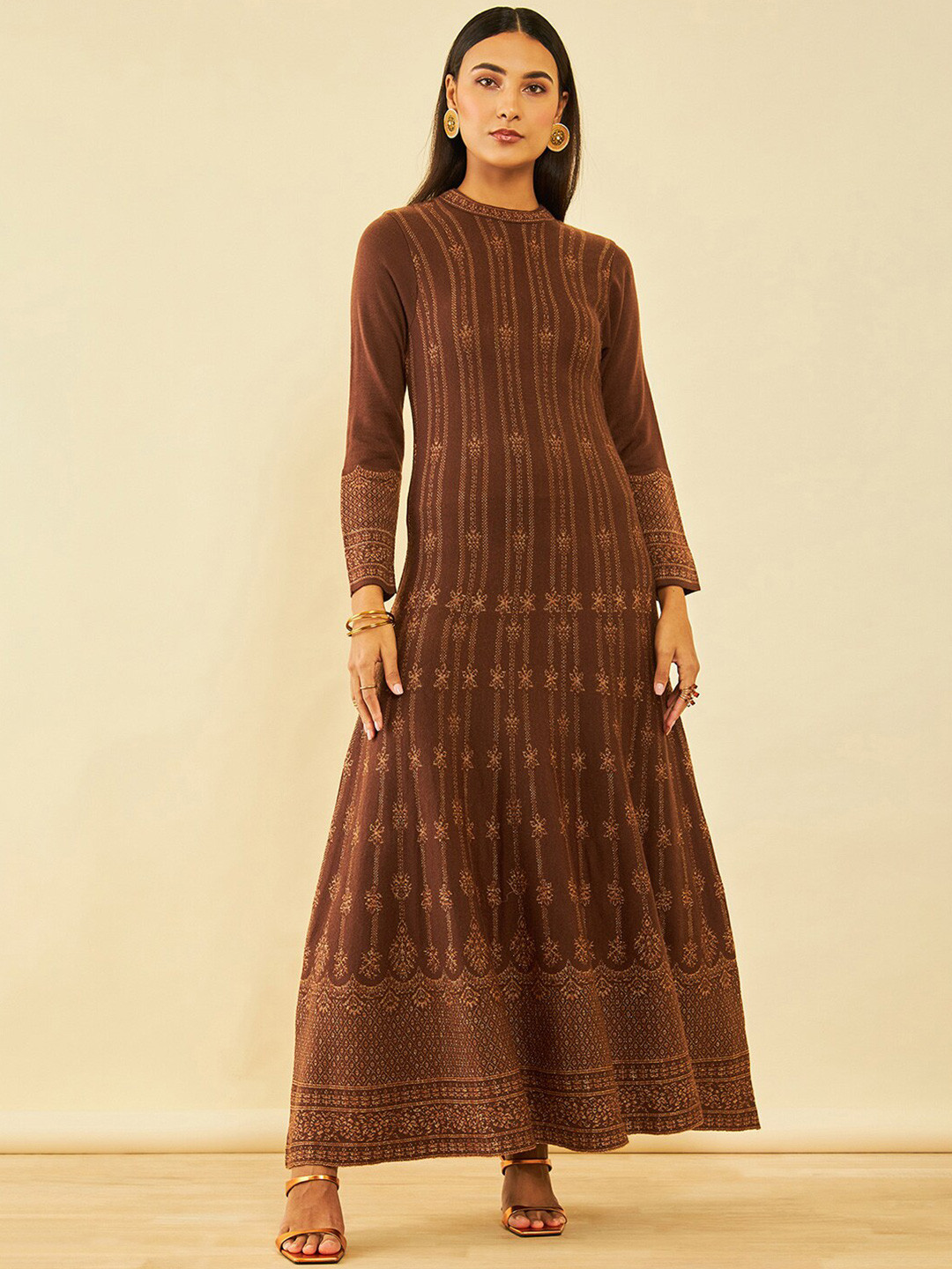 

Soch Brown Ethnic Motifs Self Design Acrylic Maxi Ethnic Dress