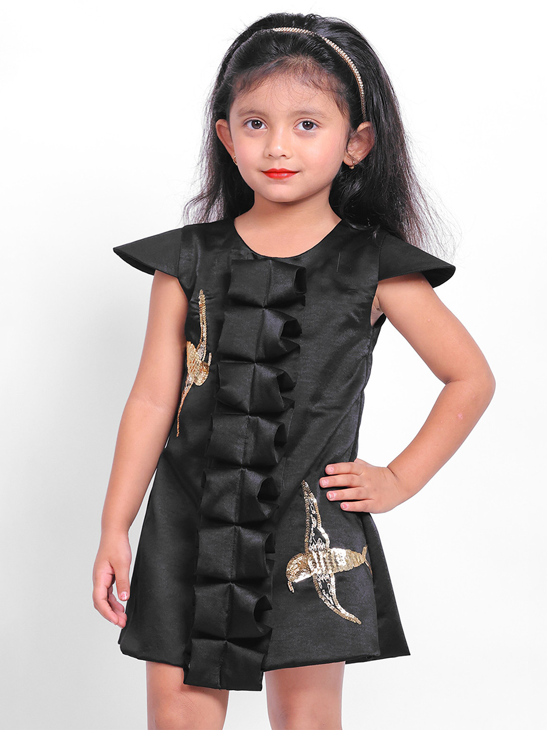 

Little Carrot Girls Round Neck Cap Sleeve Embellished Modal A-Line Dress, Black