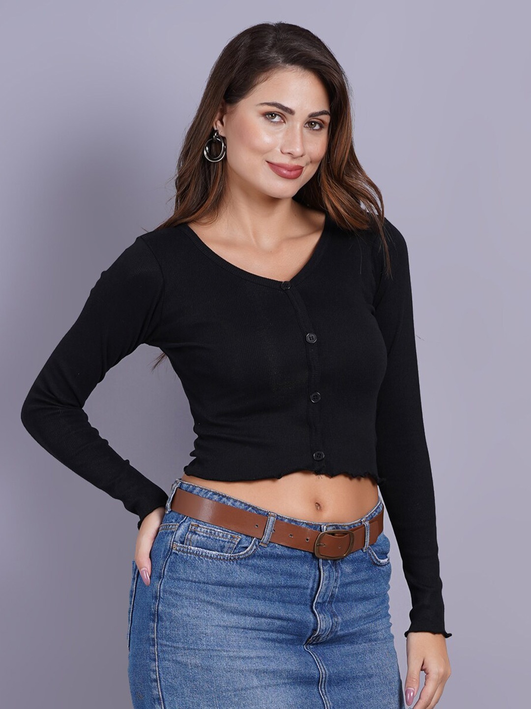 

SIGHTBOMB Ribbed V-Neck Cotton Crop Cardigan Sweater, Black