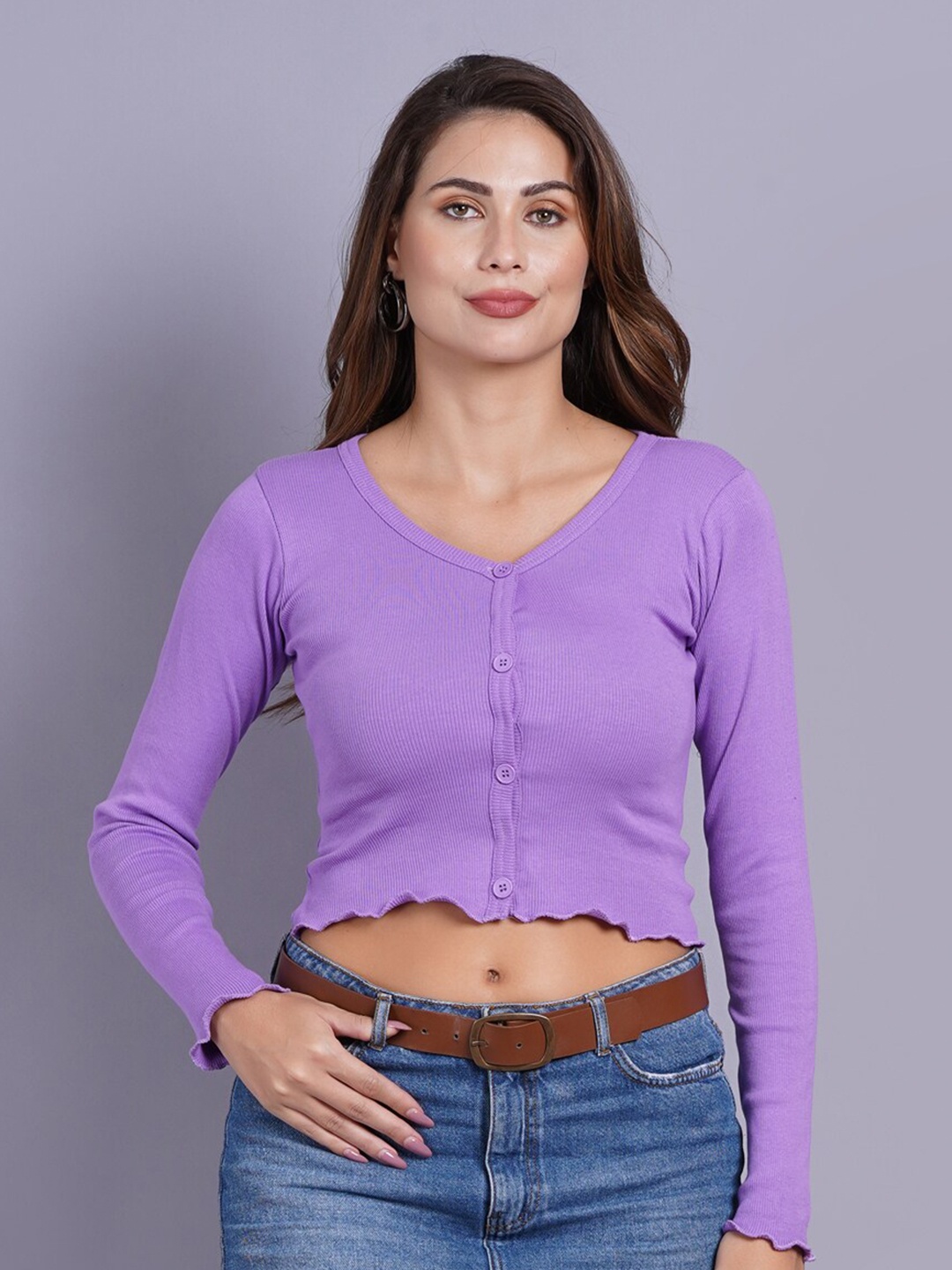 

SIGHTBOMB Ribbed V-Neck Cotton Crop Cardigan Sweater, Purple