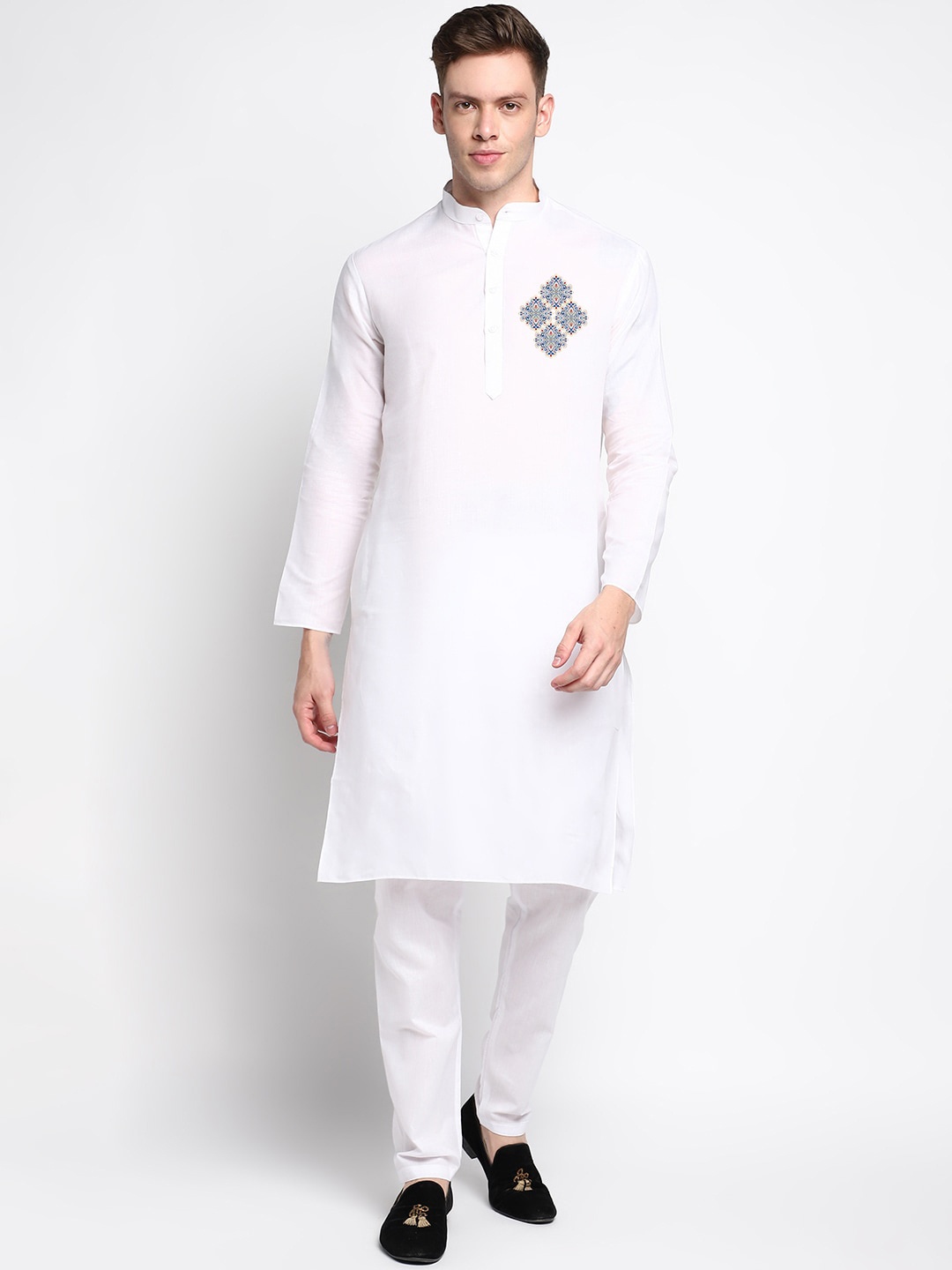 

DEVOILER Ethnic Motifs Printed Band Collar Kurta, White