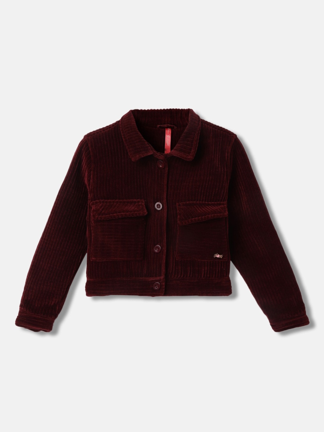 

Blue Giraffe Girls Checked Crop Denim Jacket with Patchwork, Burgundy