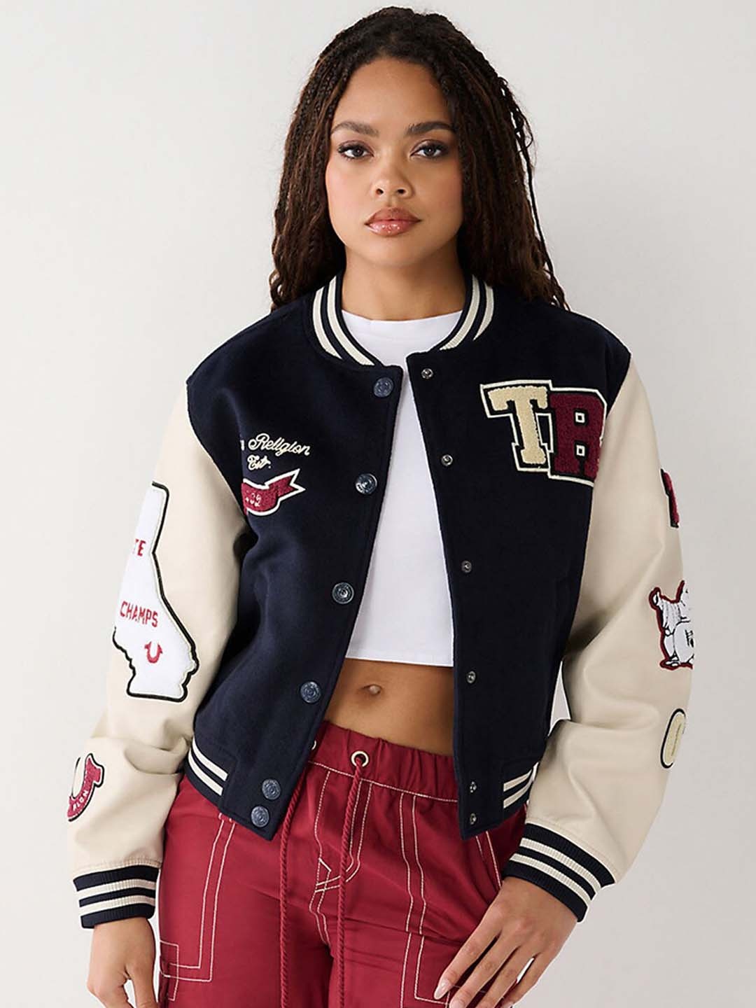 

True Religion Colourblocked Mandarin Collar Varsity Jacket, Navy blue