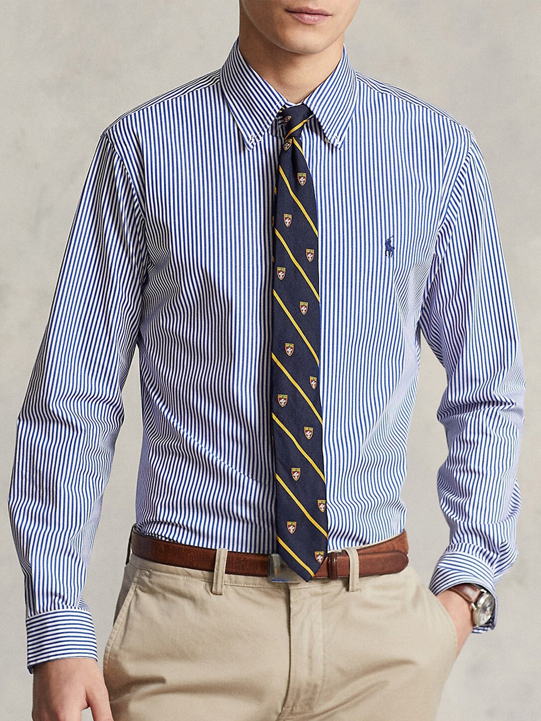 

Polo Ralph Lauren Striped Button Down Collar Custom Fit Stretch Formal Shirt, Blue