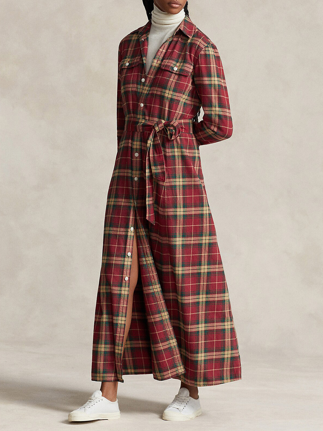 

Polo Ralph Lauren Checked Shirt Collar Long Sleeve Belted Cotton Twill Shirt Maxi Dress, Red