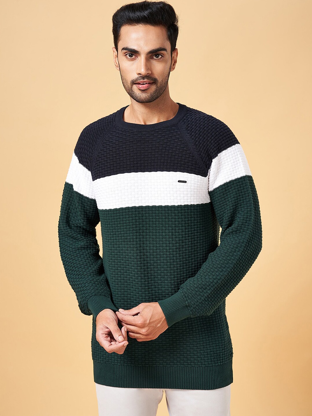 

BYFORD by Pantaloons Colourblocked Cotton Pullover Sweater, Green